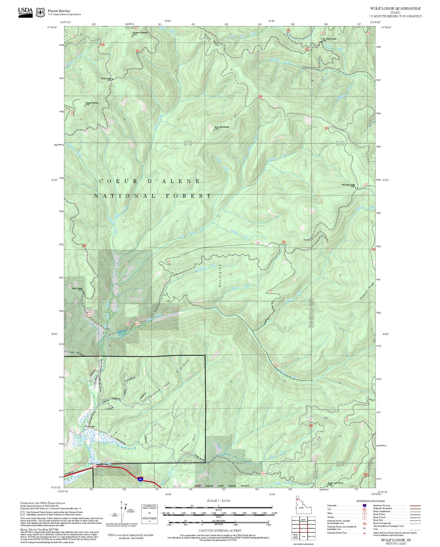 2025 Forest Service Topo Map of Wolf Lodge Idaho