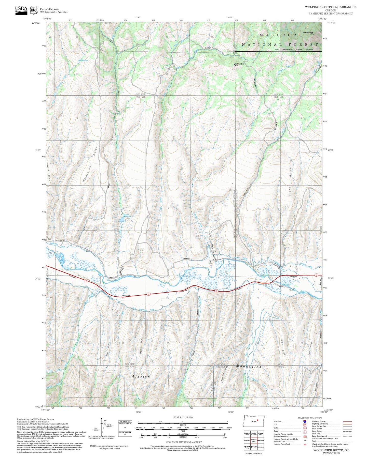 2025 Forest Service Topo Map of Wolfinger Butte Oregon
