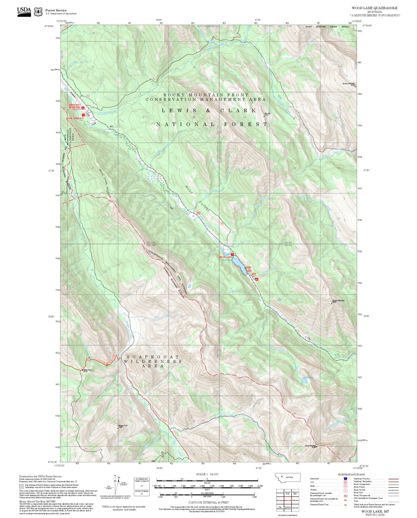 2025 Forest Service Topo Map of Wood Lake Montana