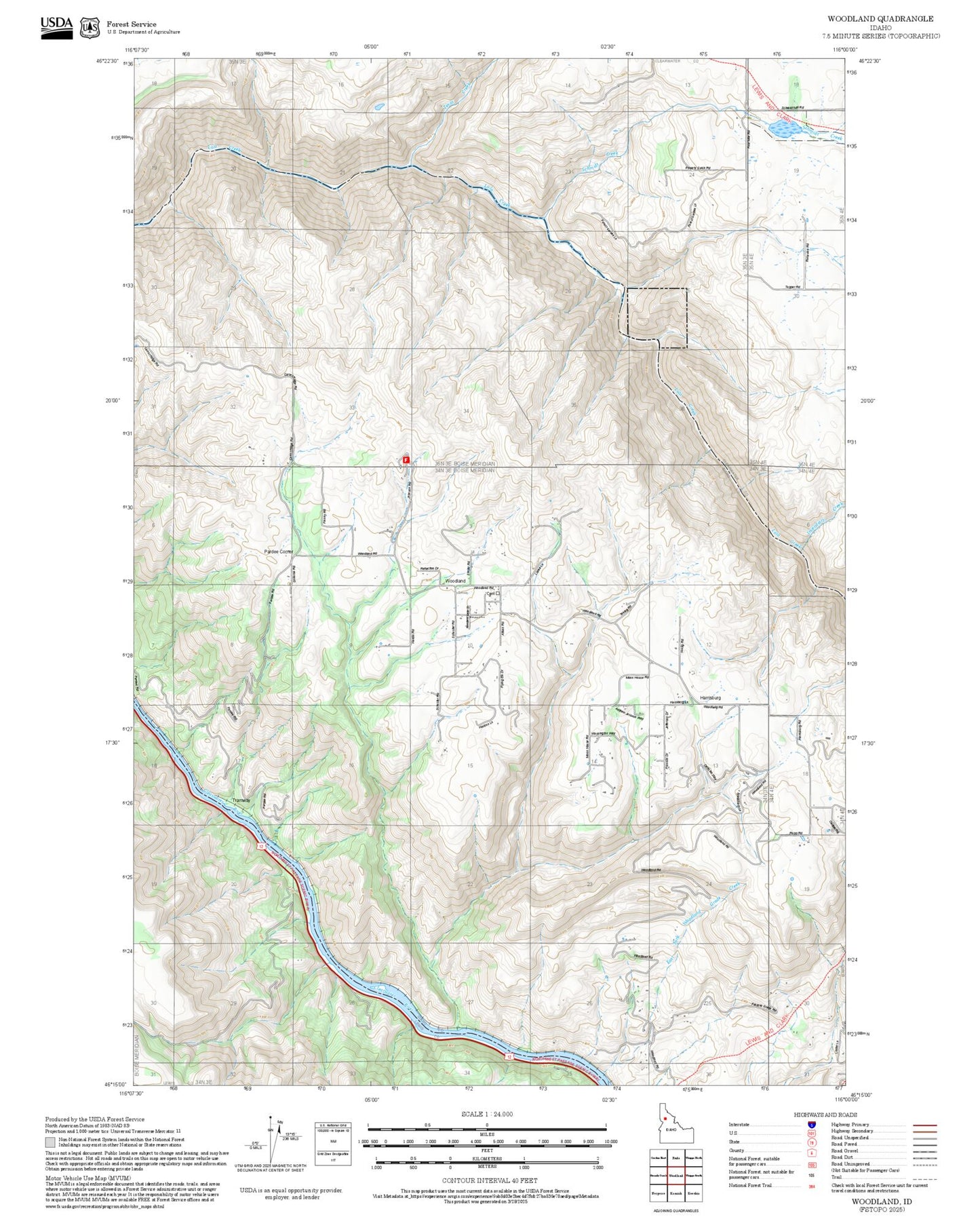 2025 Forest Service Topo Map of Woodland Idaho