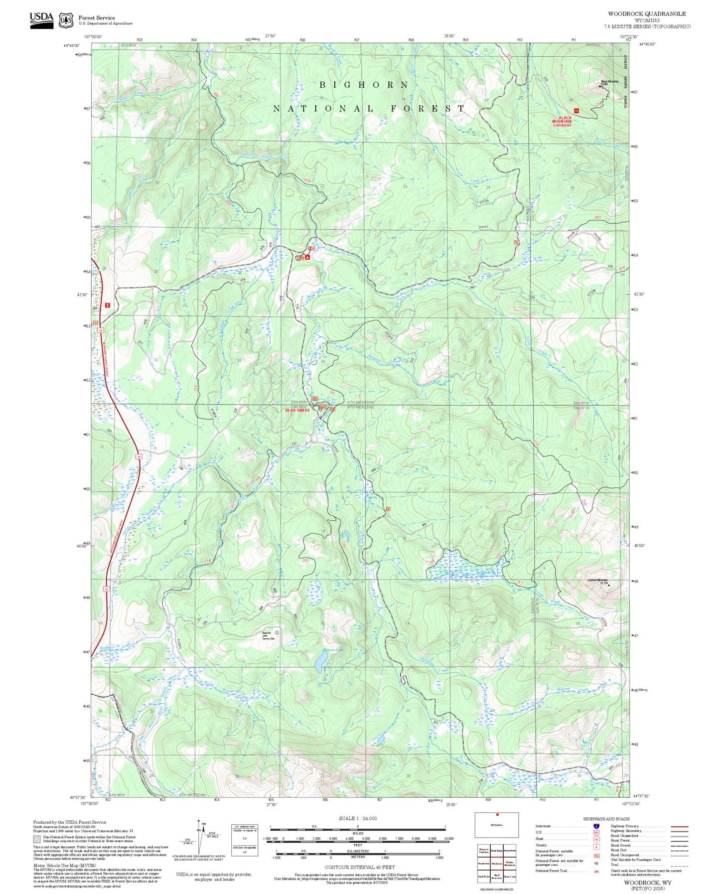 2025 Forest Service Topo Map of Woodrock Wyoming
