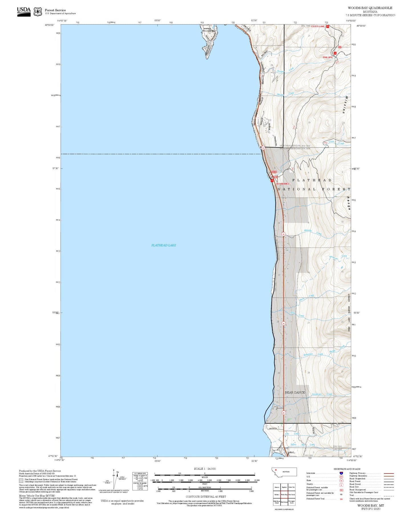 2025 Forest Service Topo Map of Woods Bay Montana