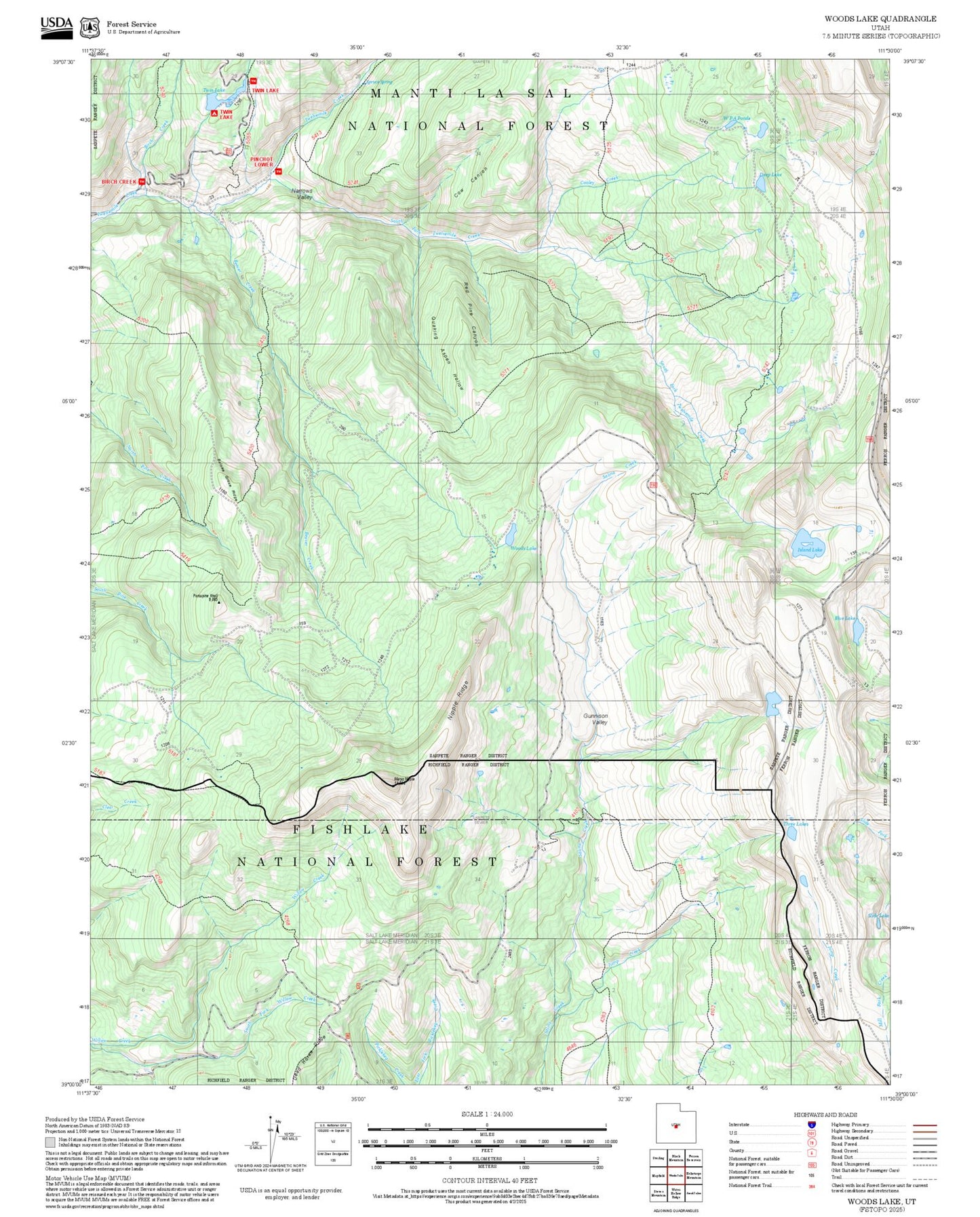 2025 Forest Service Topo Map of Woods Lake Utah