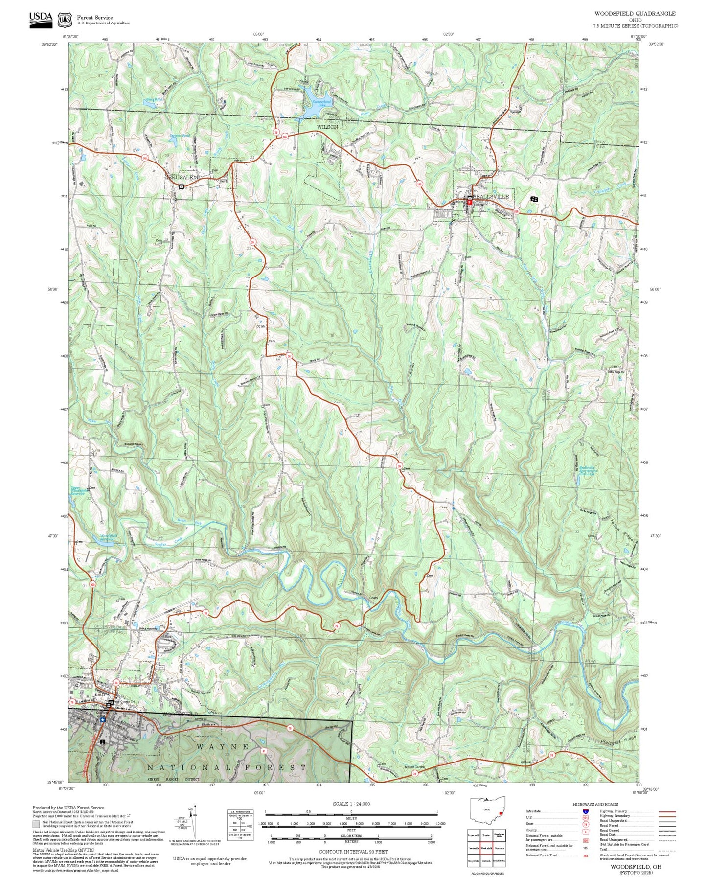 2025 Forest Service Topo Map of Woodsfield Ohio