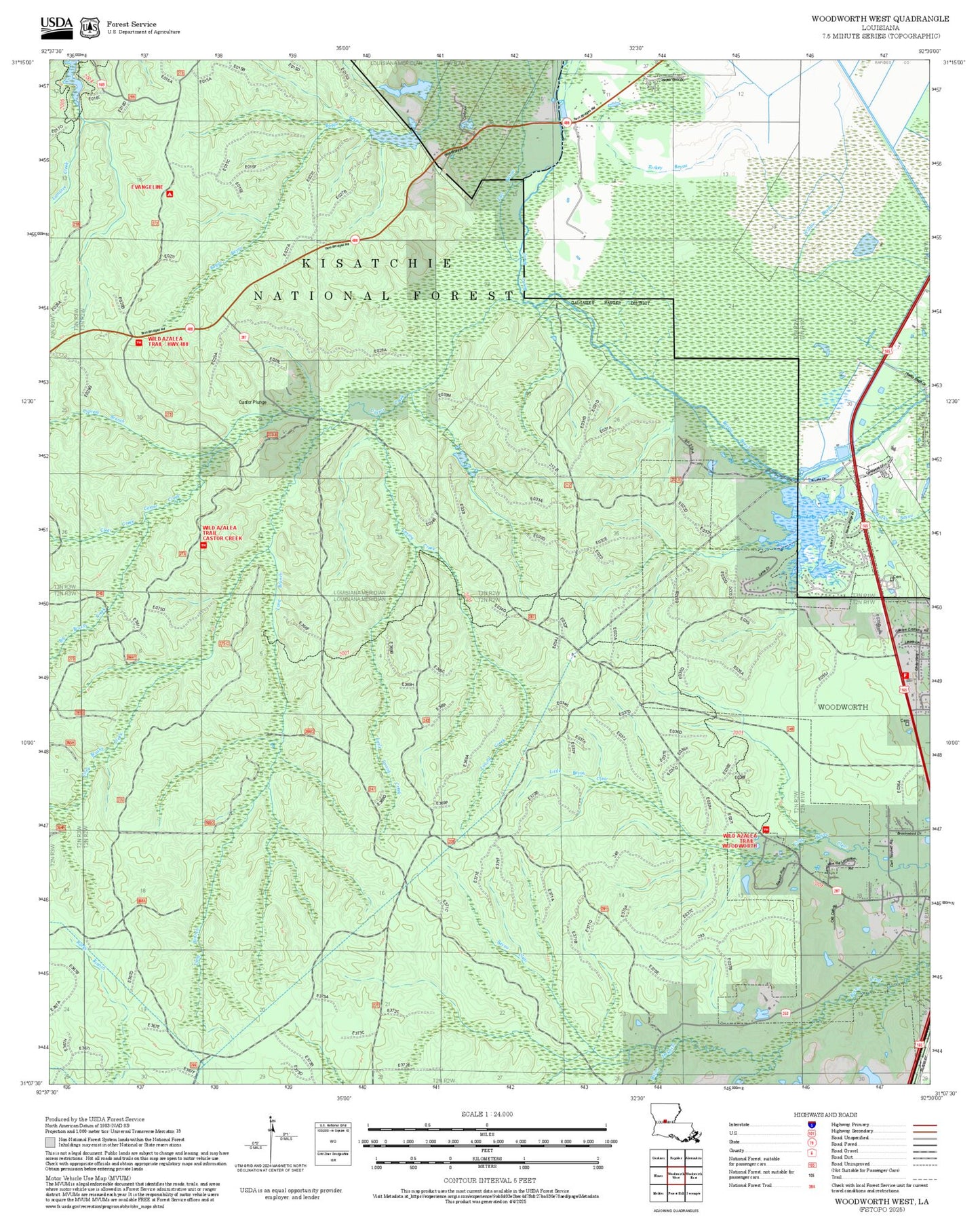 2025 Forest Service Topo Map of Woodworth West Louisiana