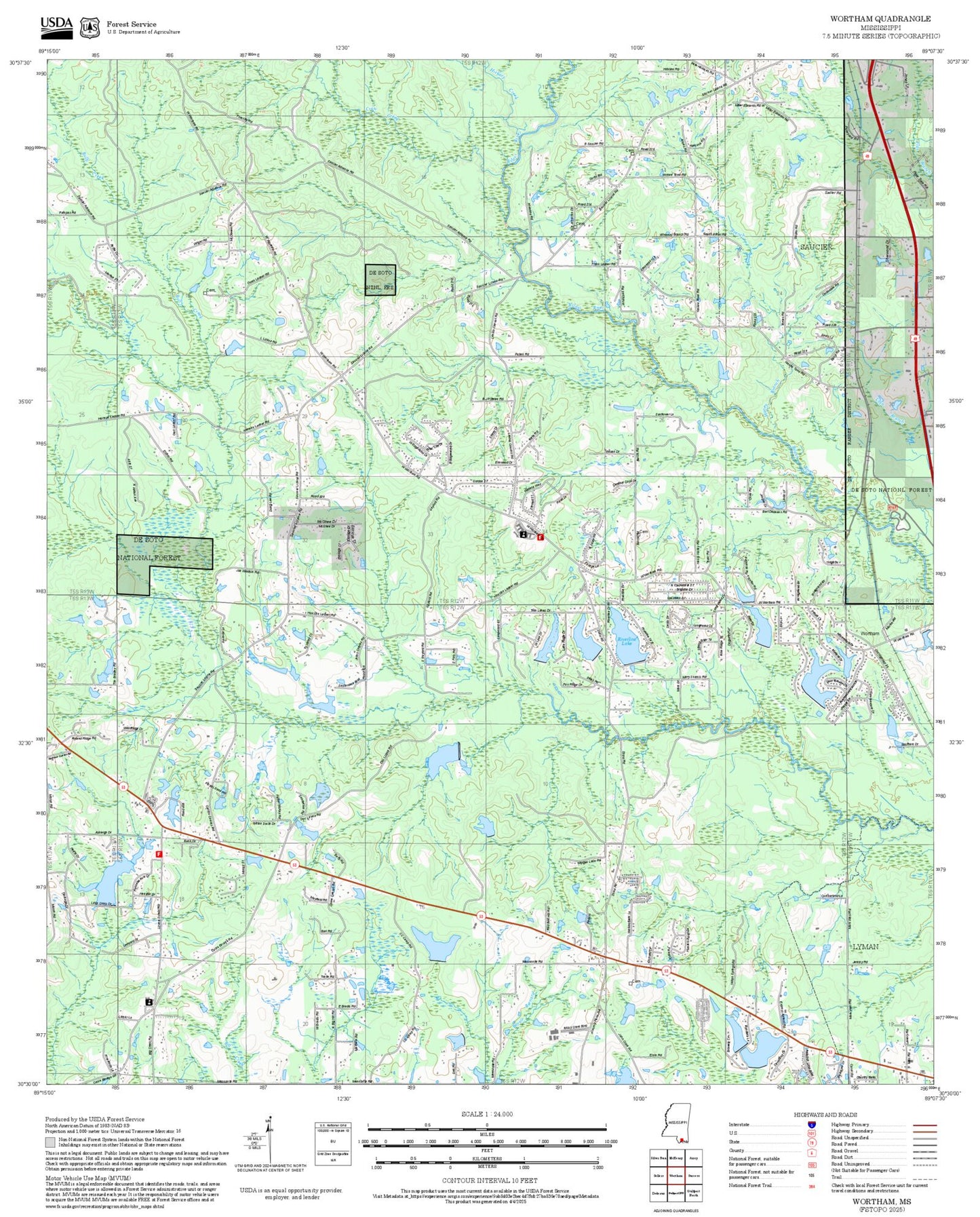 2025 Forest Service Topo Map of Wortham Mississippi