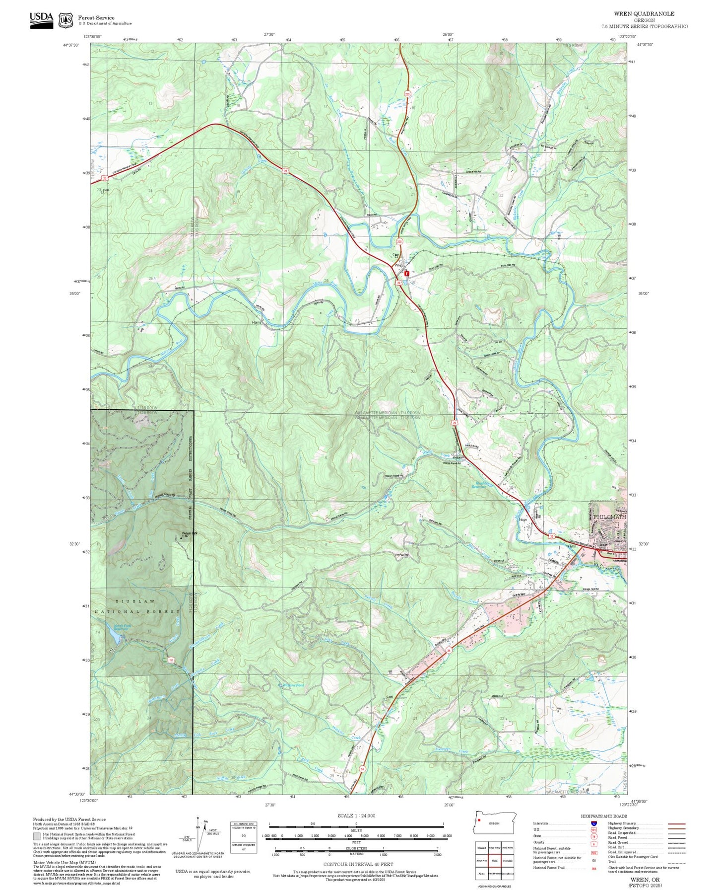 2025 Forest Service Topo Map of Wren Oregon