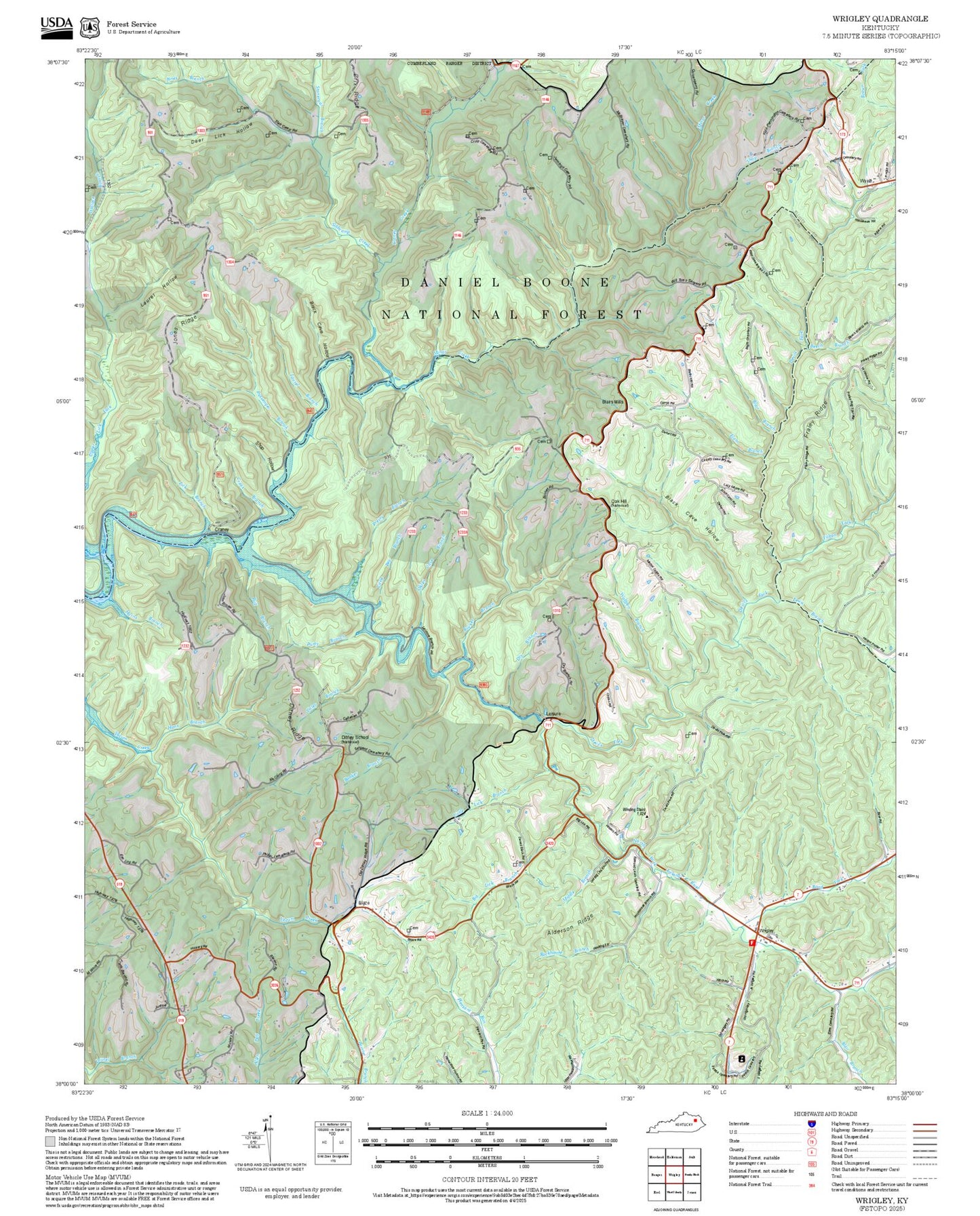 2025 Forest Service Topo Map of Wrigley Kentucky