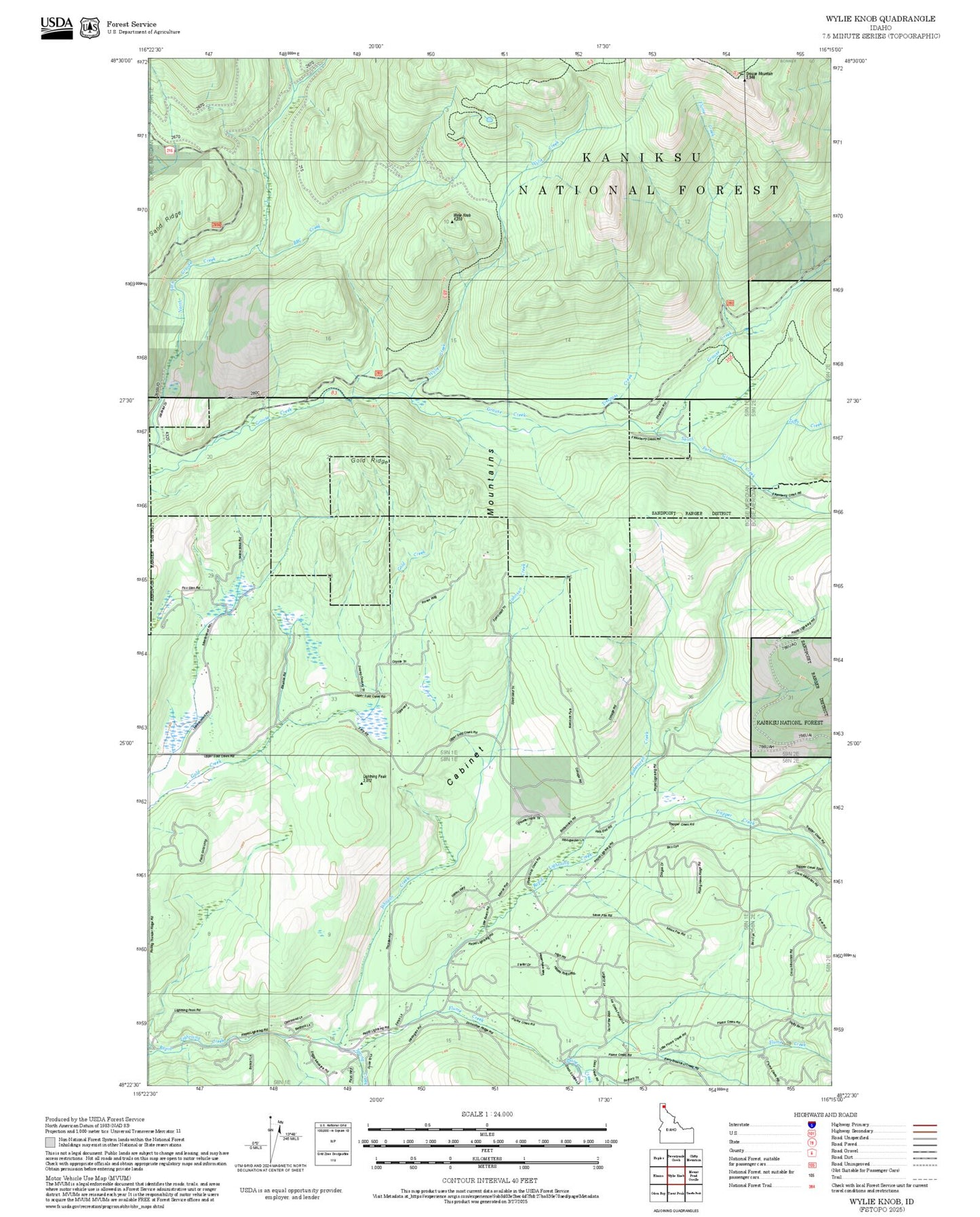 2025 Forest Service Topo Map of Wylie Knob Idaho