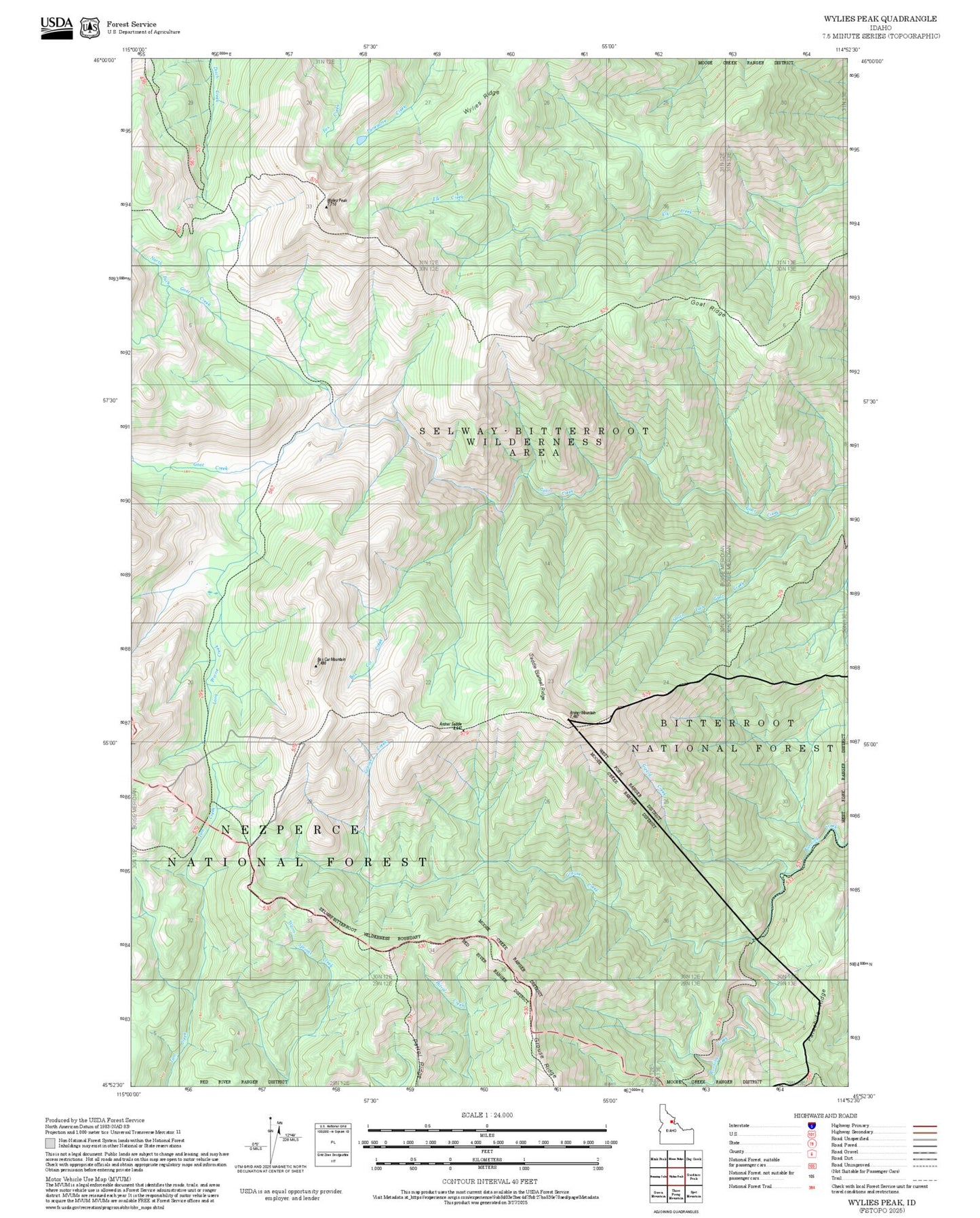2025 Forest Service Topo Map of Wylies Peak Idaho
