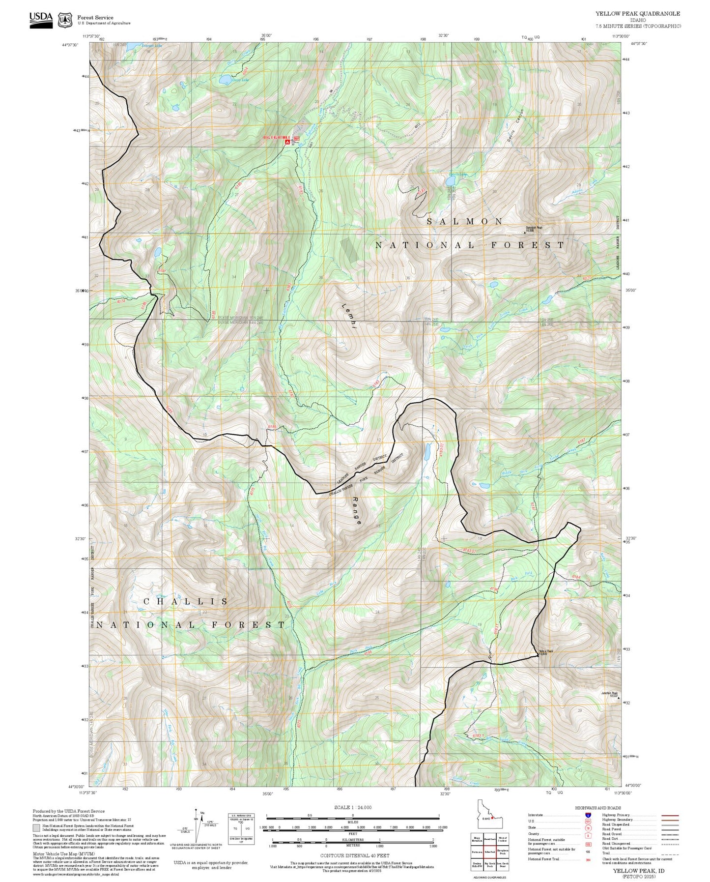2025 Forest Service Topo Map of Yellow Peak Idaho