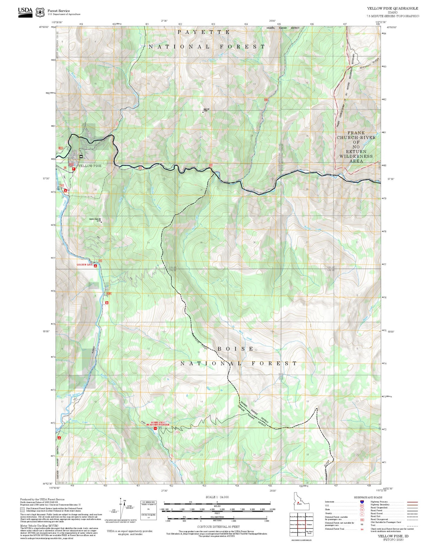 2025 Forest Service Topo Map of Yellow Pine Idaho