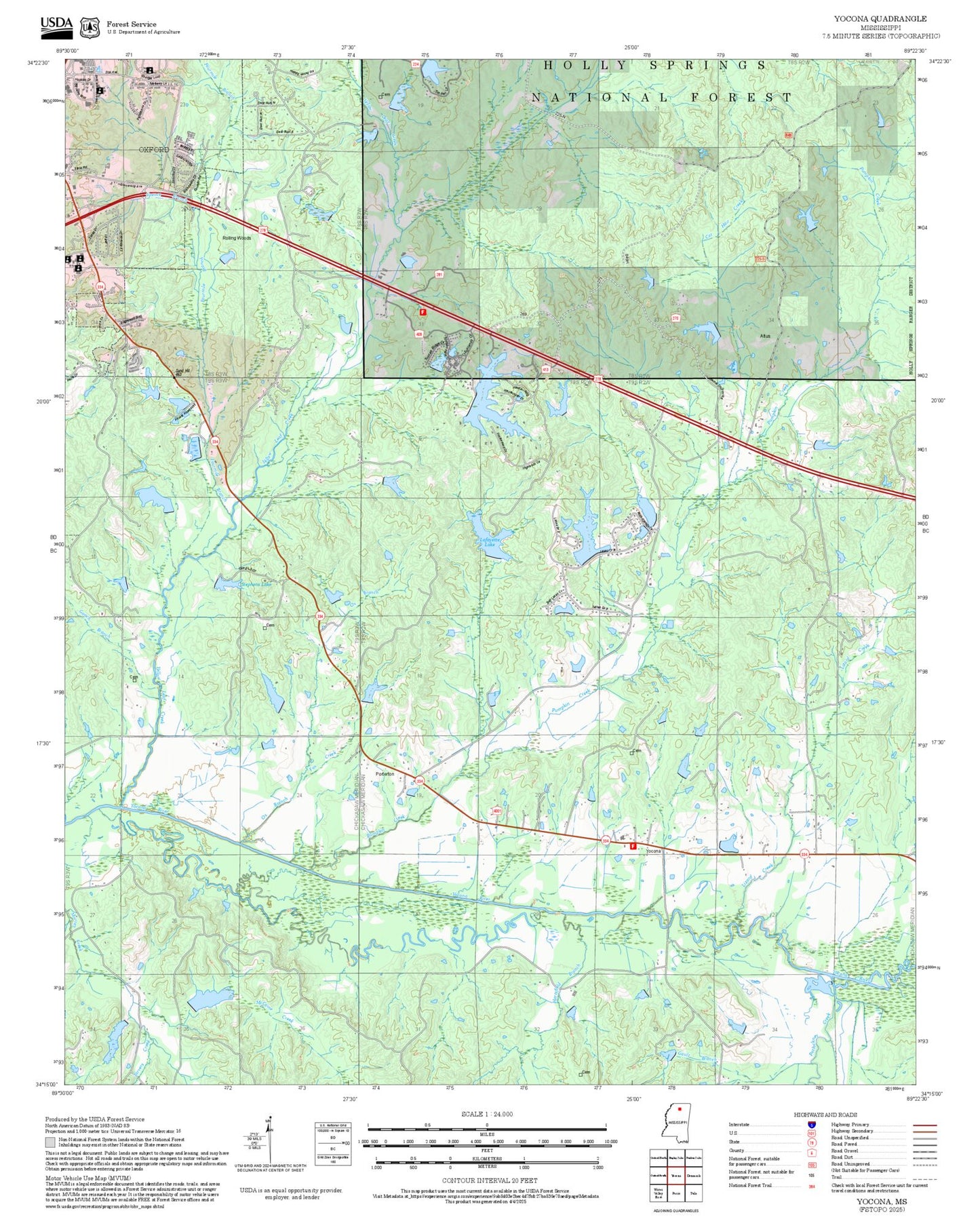 2025 Forest Service Topo Map of Yocona Mississippi