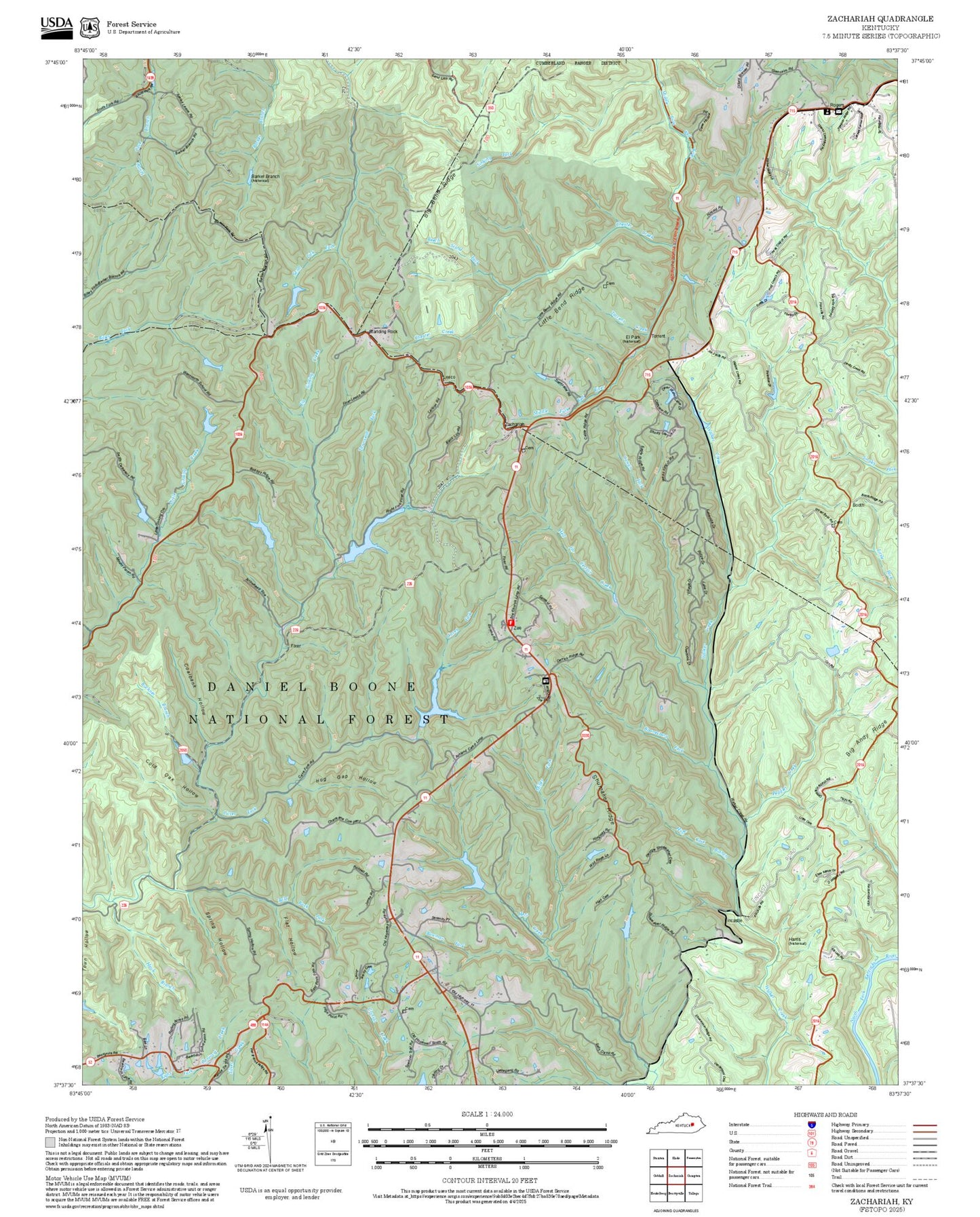 2025 Forest Service Topo Map of Zachariah Kentucky