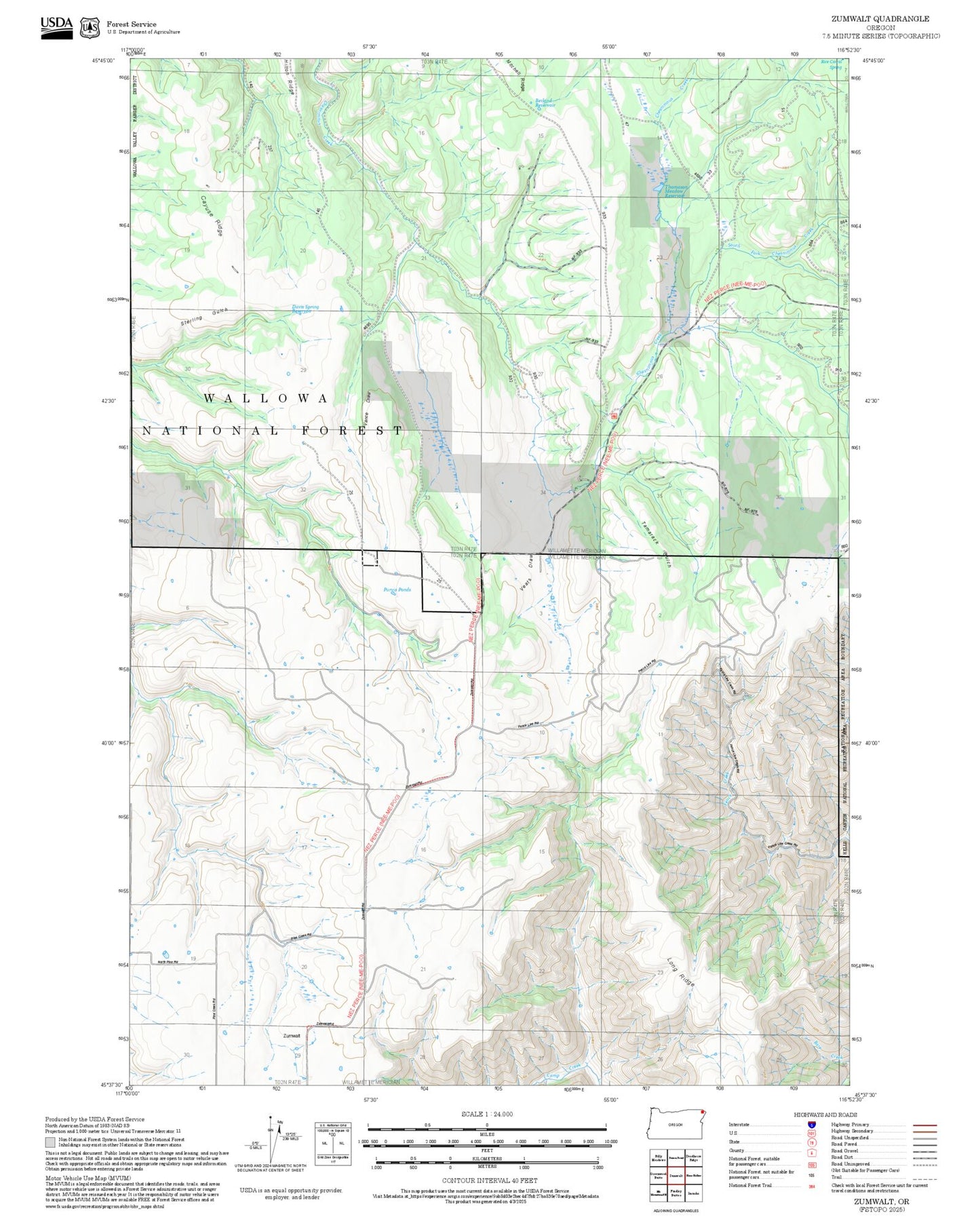 2025 Forest Service Topo Map of Zumwalt Oregon