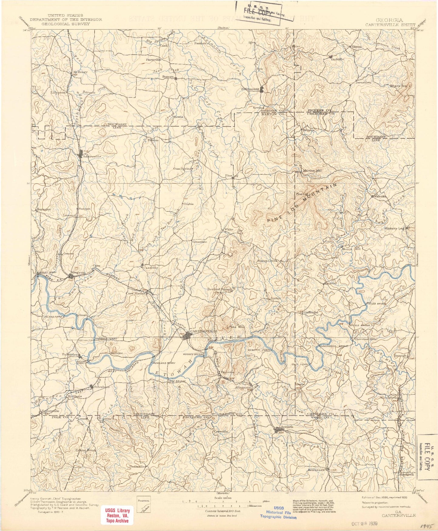 Historic 1896 Cartersville Georgia 30'x30' Topo Map Image