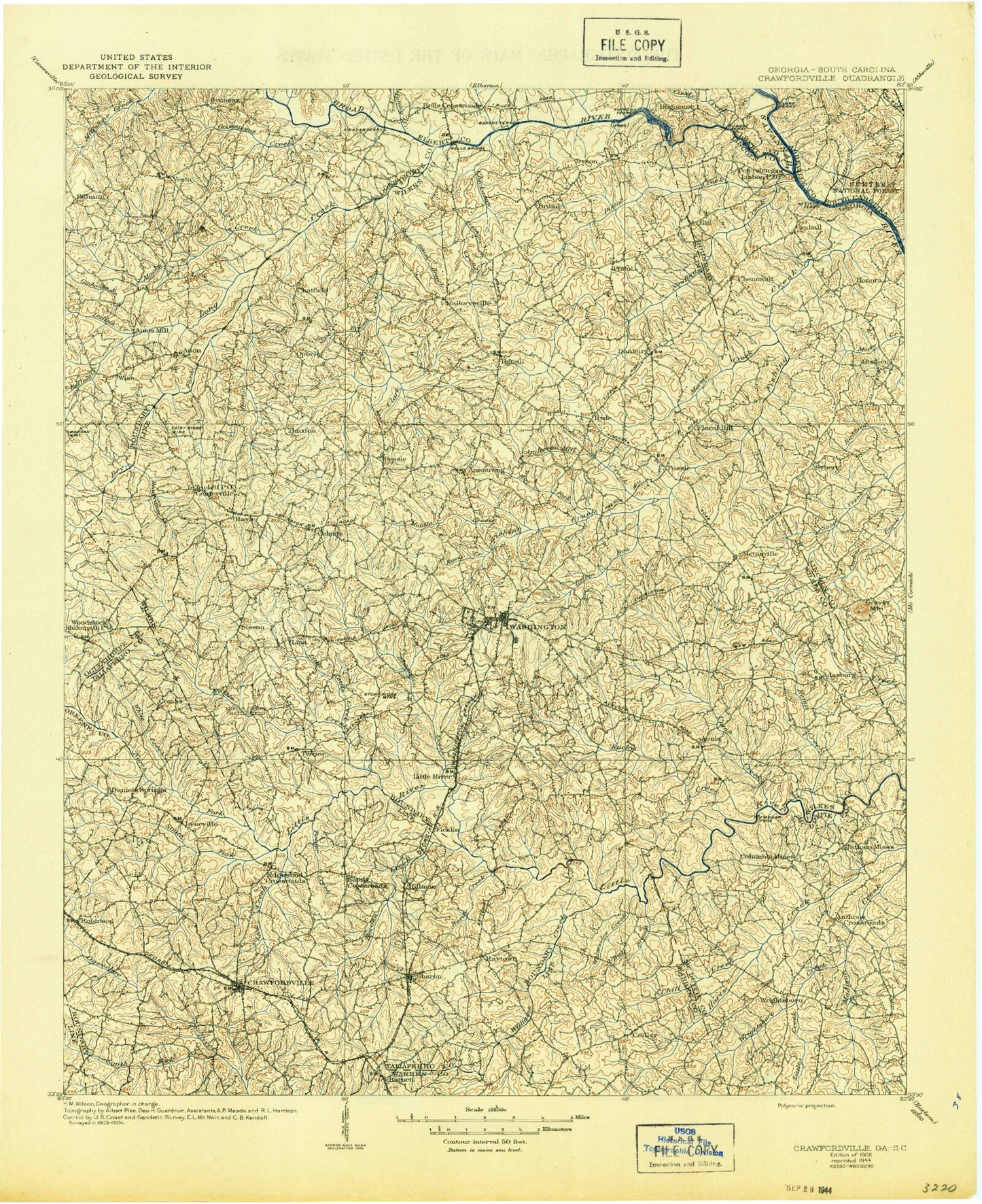 Historic 1906 Crawfordville Georgia 30'x30' Topo Map Image