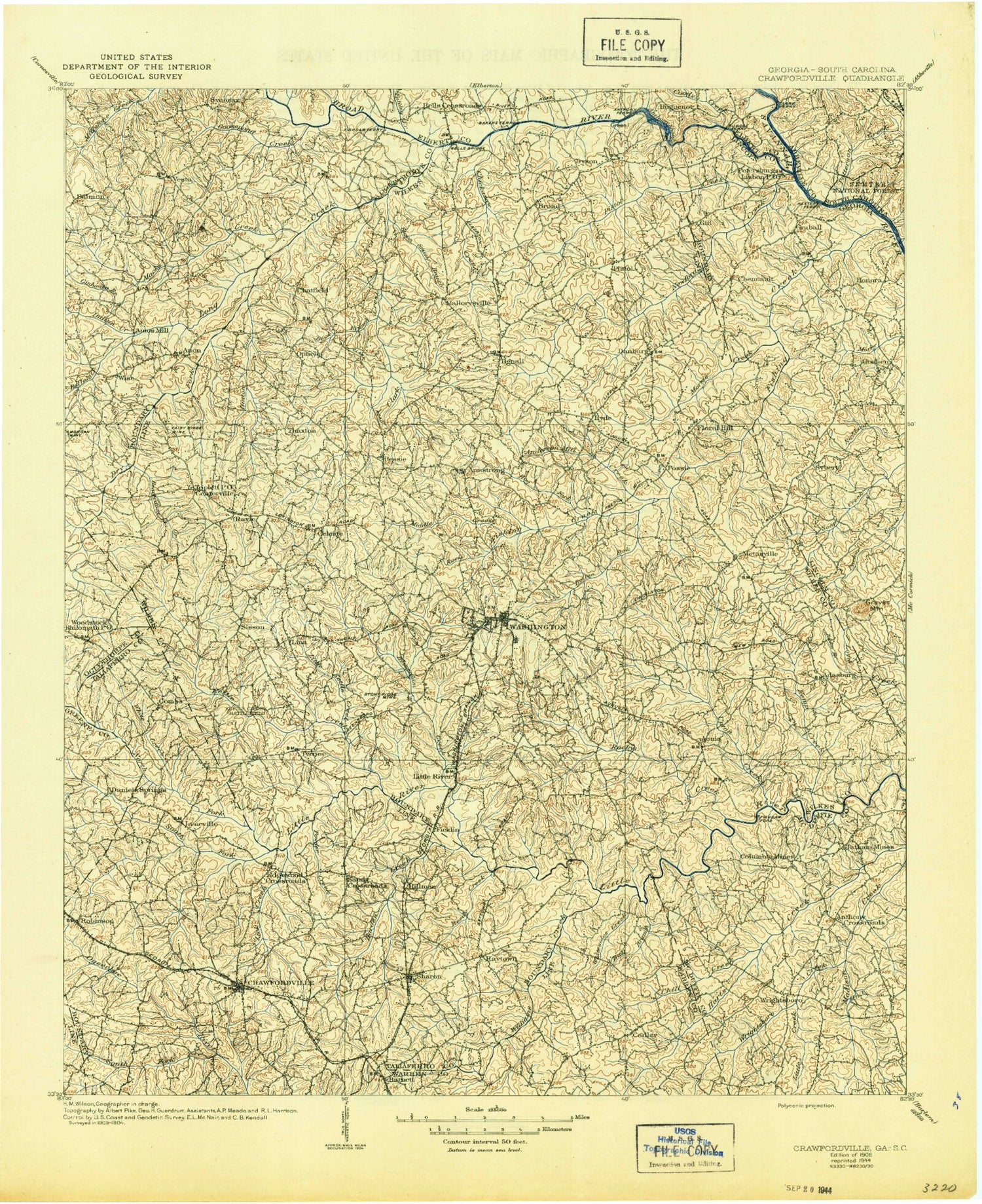 Historic 1906 Crawfordville Georgia 30'x30' Topo Map Image