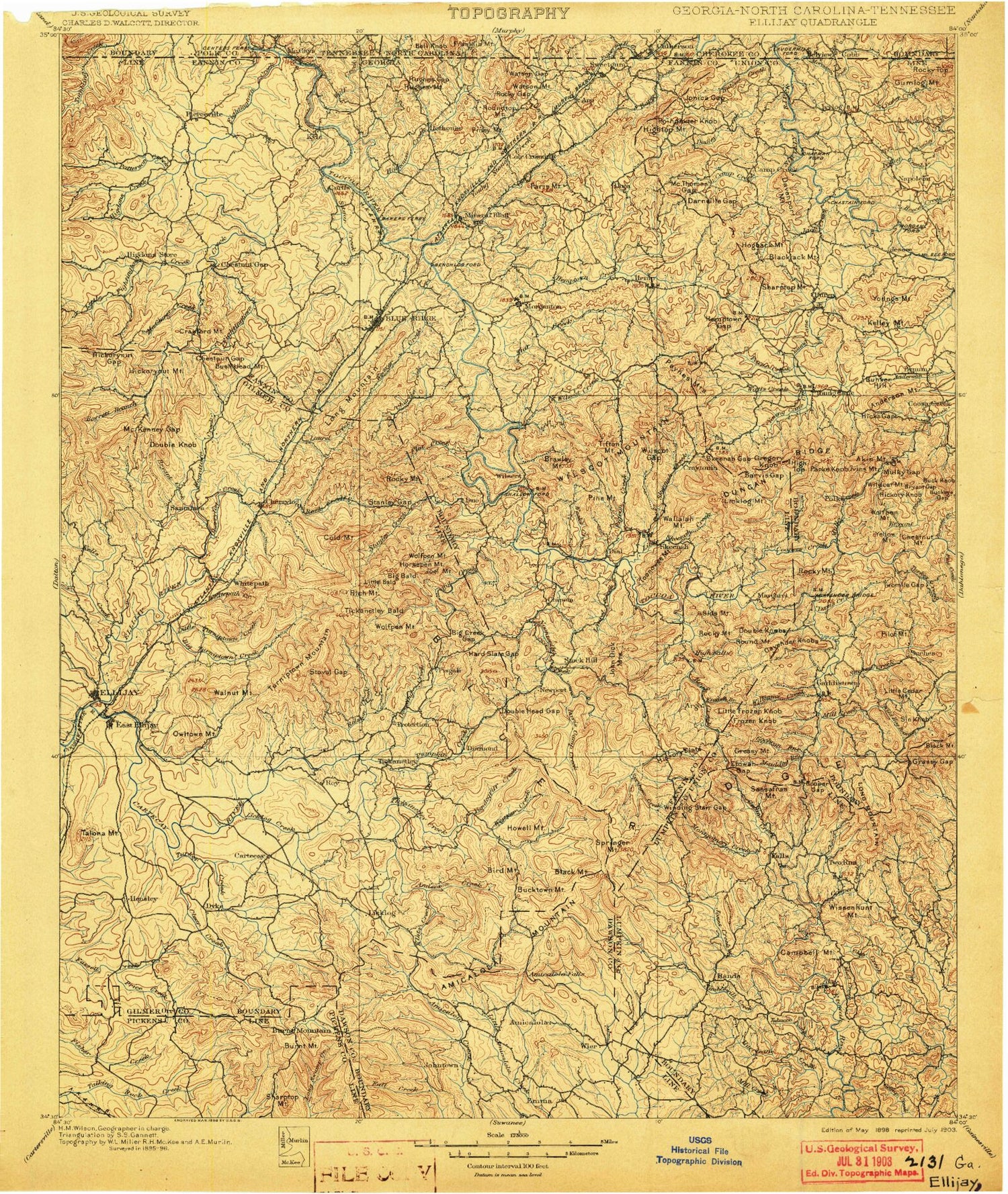 Historic 1898 Ellijay Georgia 30'x30' Topo Map Image