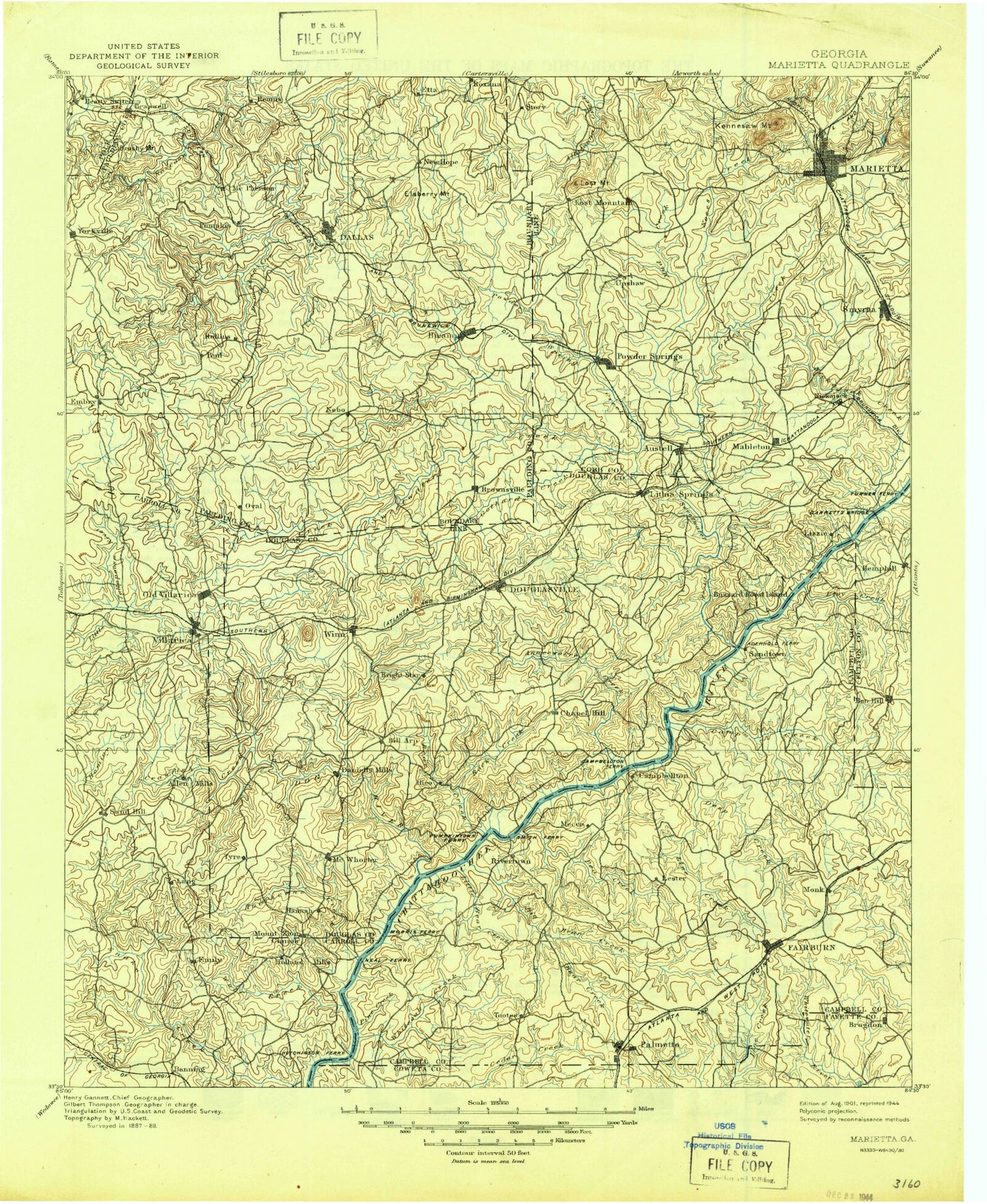 Historic 1901 Marietta Georgia 30'x30' Topo Map Image