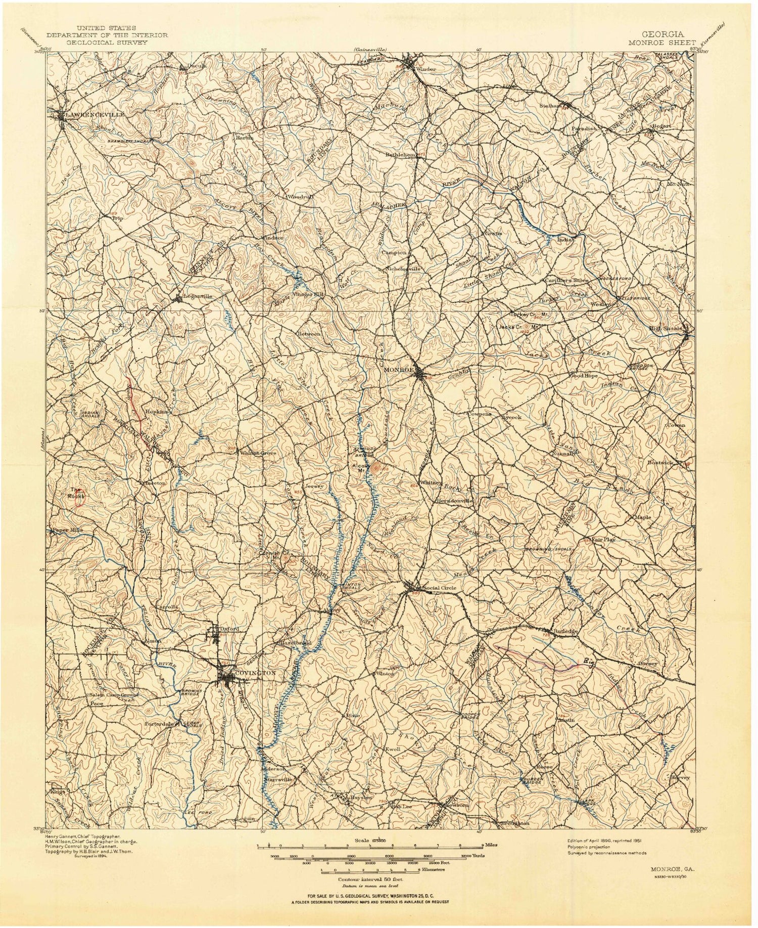 Historic 1896 Monroe Georgia 30'x30' Topo Map Image