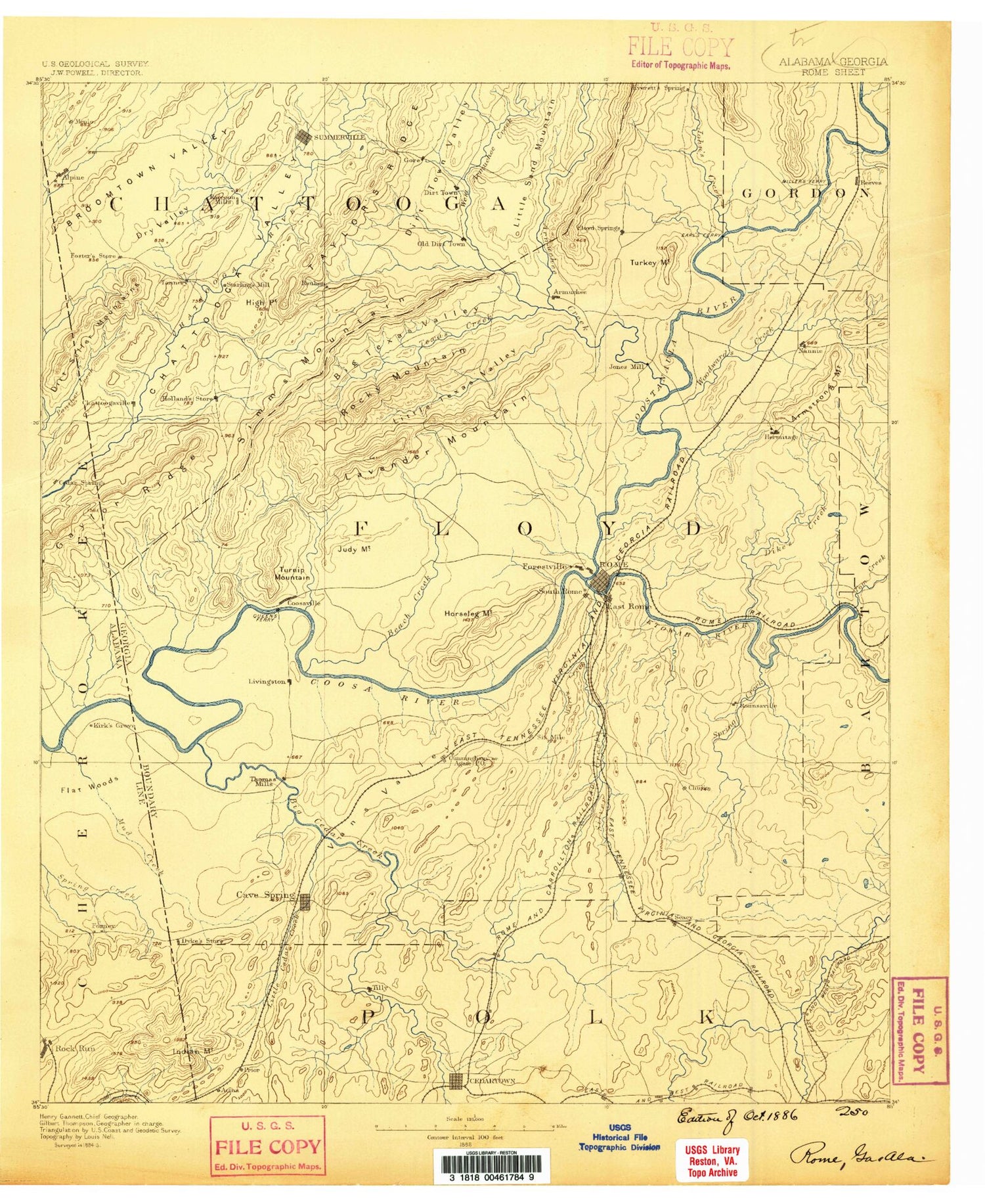 Historic 1886 Rome Georgia 30'x30' Topo Map Image