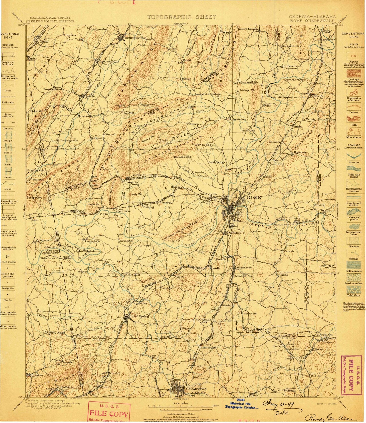 Historic 1899 Rome Georgia 30'x30' Topo Map Image