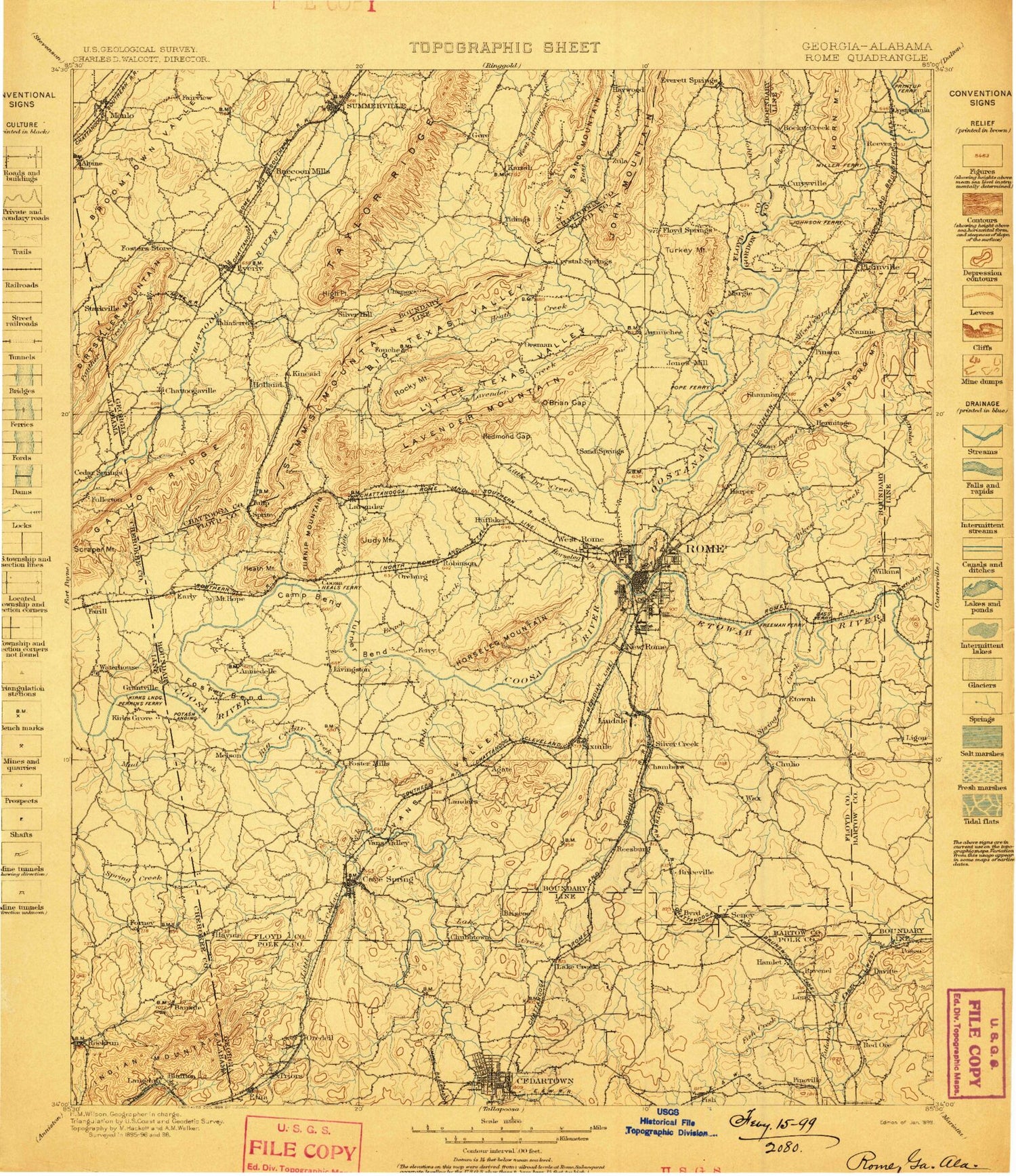 Historic 1899 Rome Georgia 30'x30' Topo Map Image