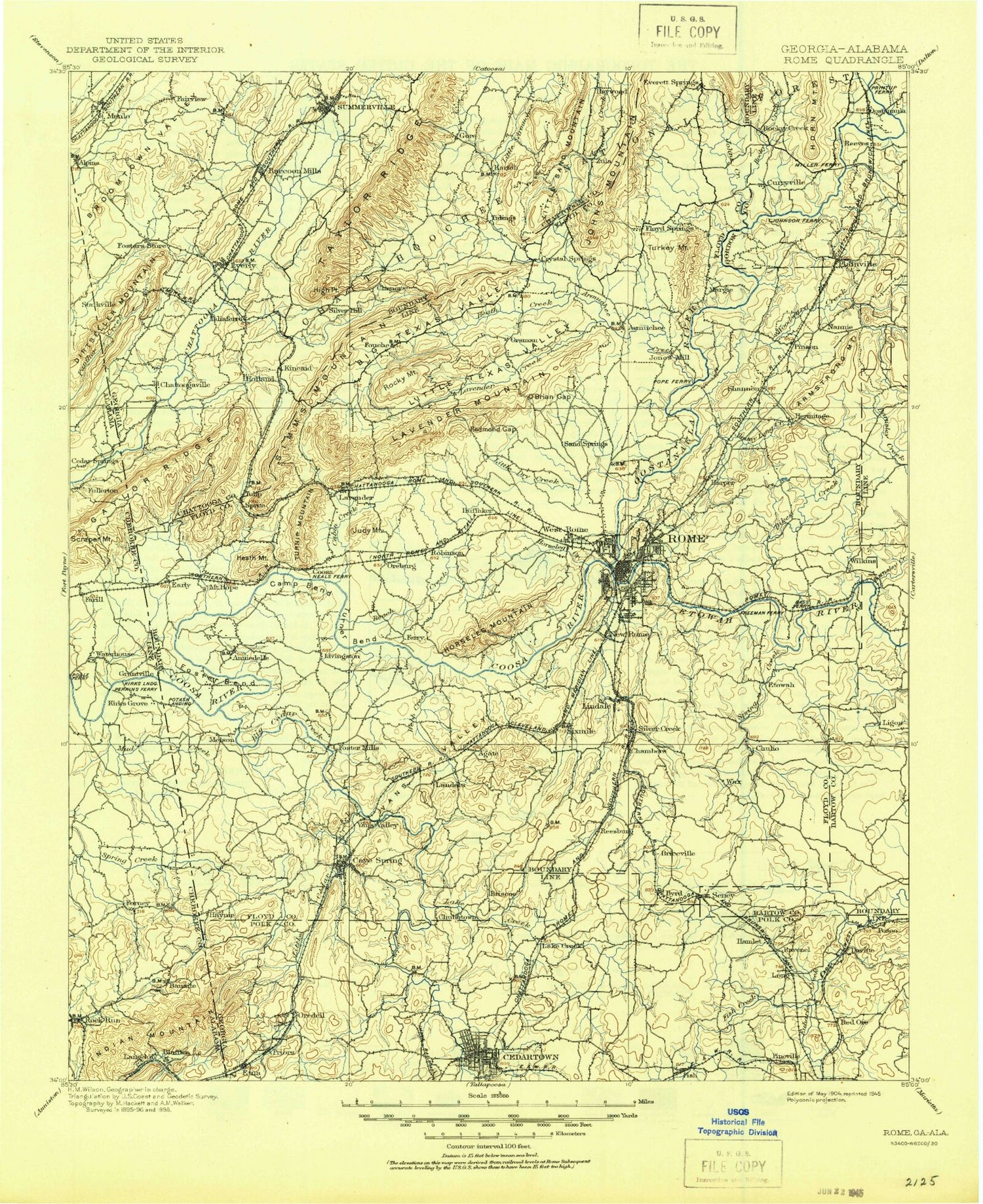 Historic 1904 Rome Georgia 30'x30' Topo Map Image
