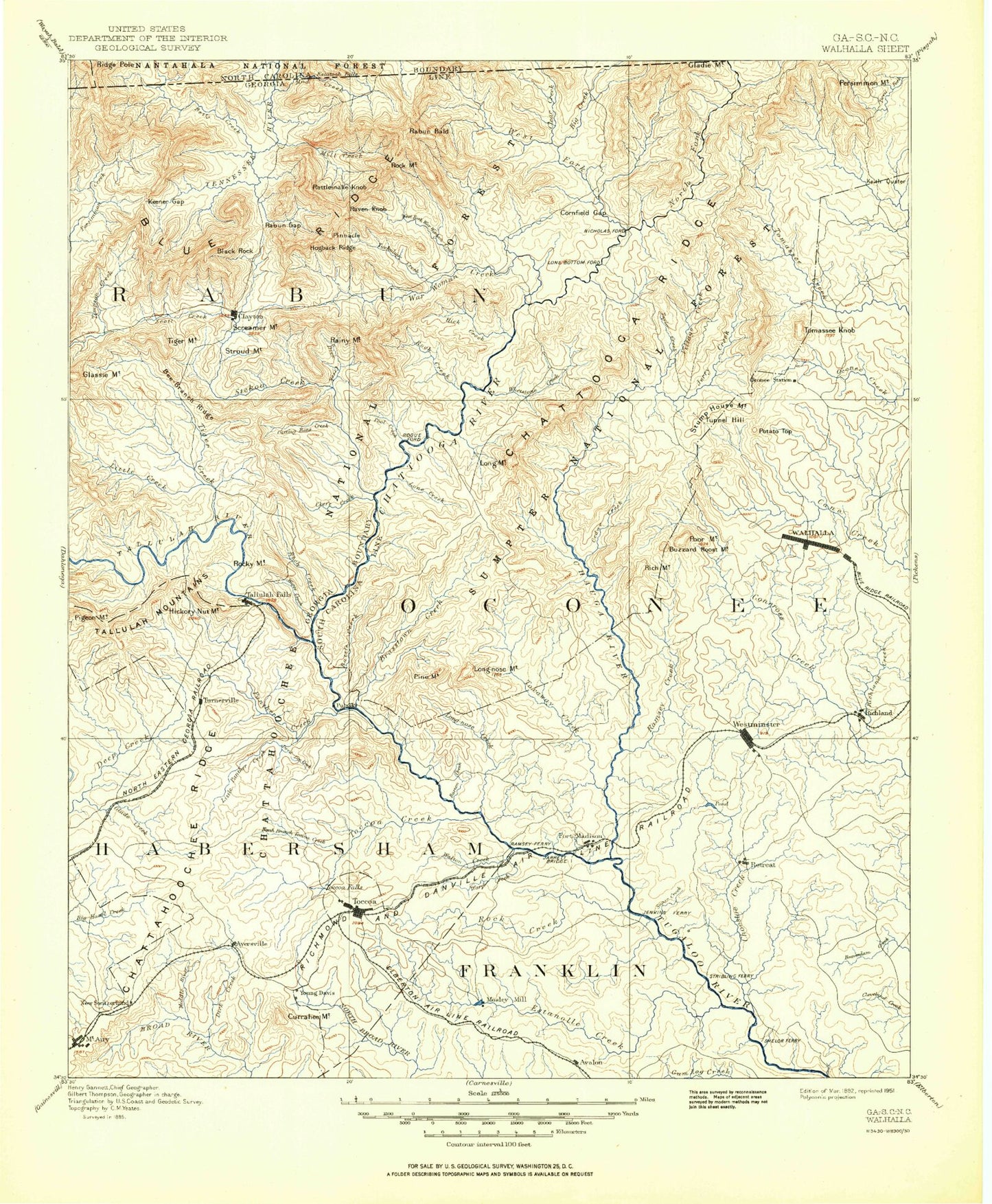 Historic 1892 Walhalla Georgia 30'x30' Topo Map Image