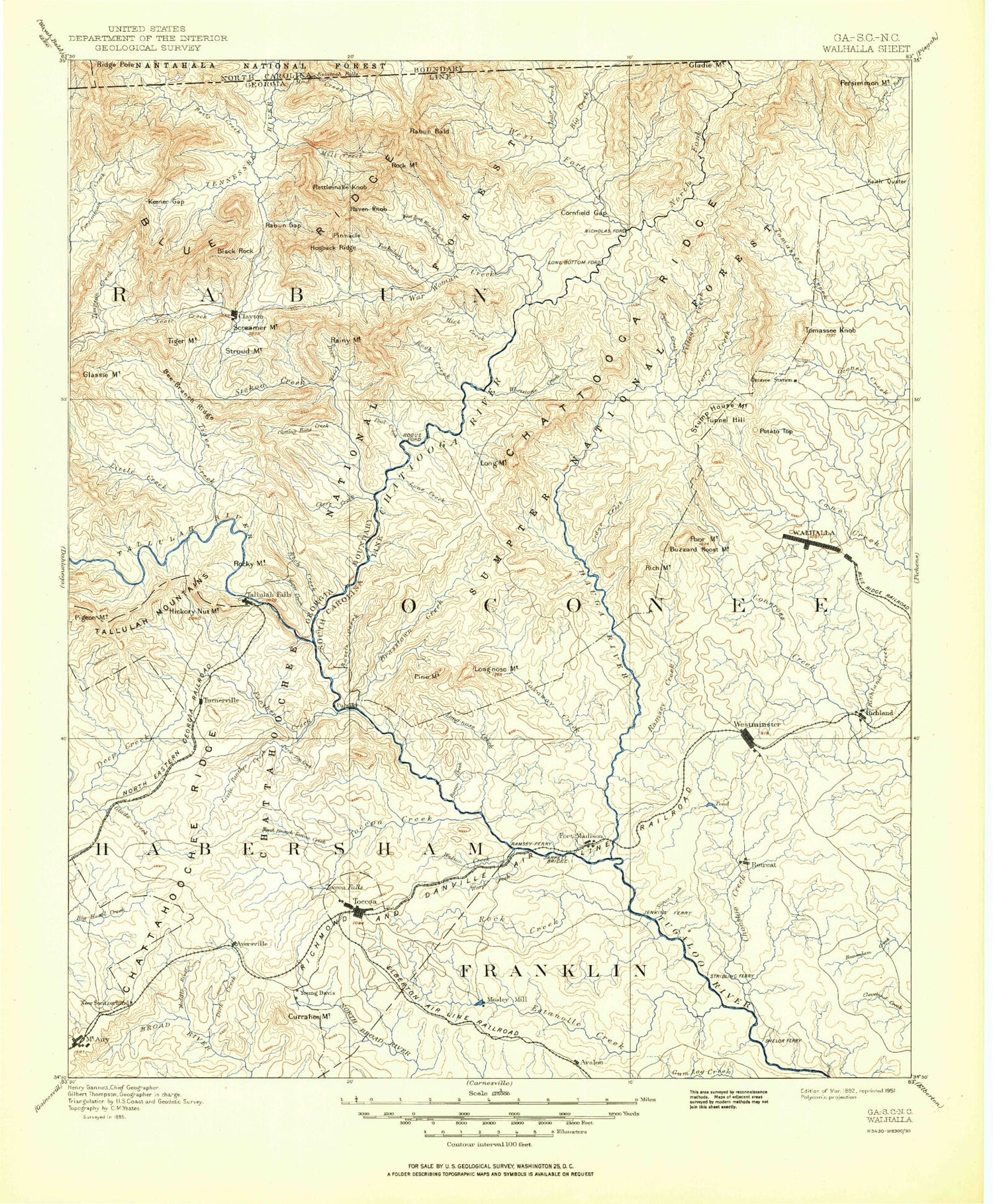 Historic 1892 Walhalla Georgia 30'x30' Topo Map Image