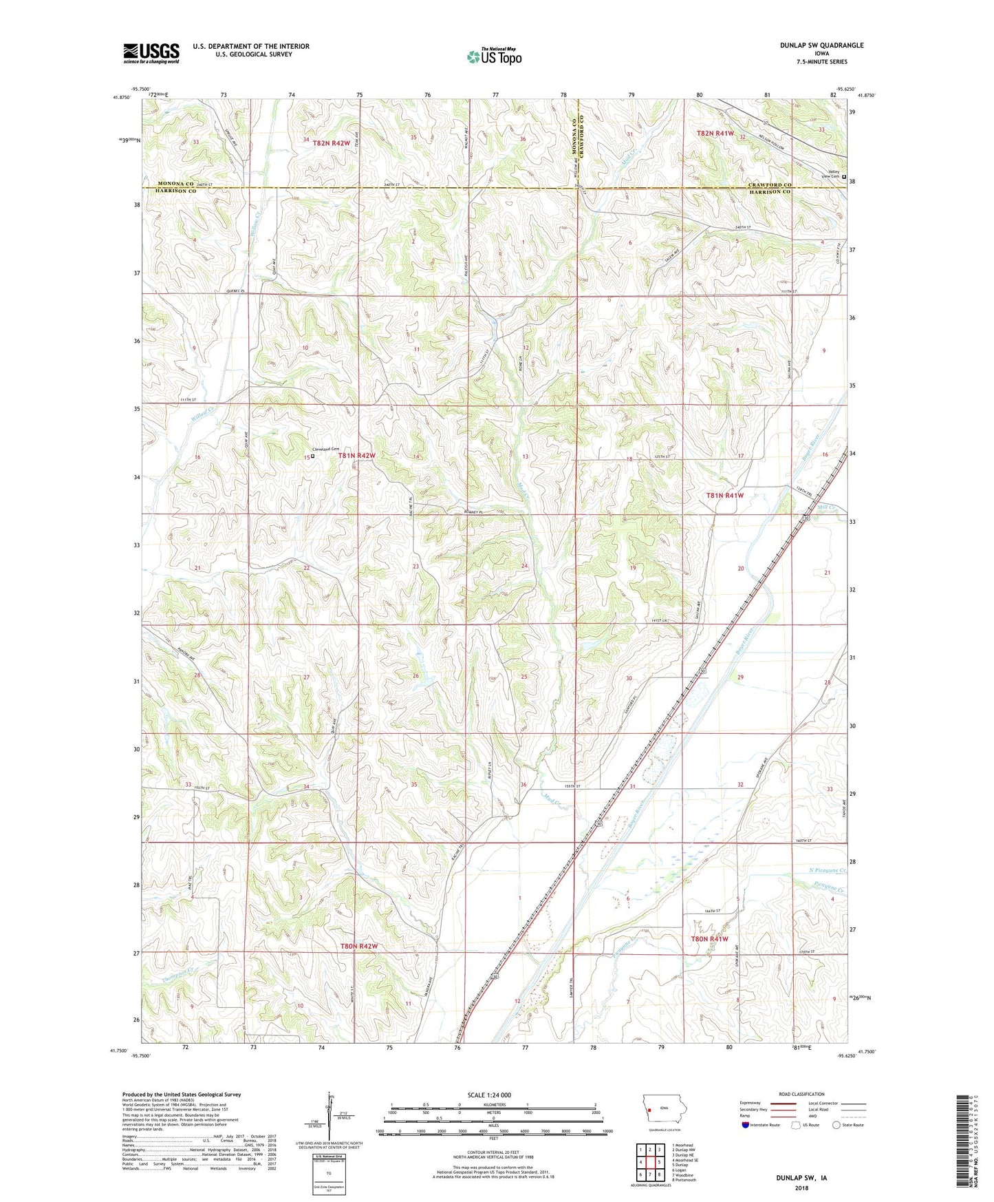 Dunlap SW Iowa US Topo Map Image