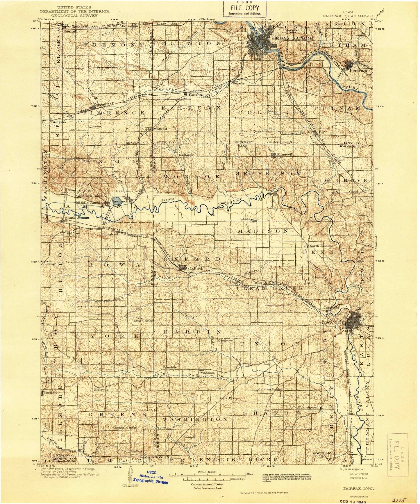Historic 1903 Fairfax Iowa 30'x30' Topo Map Image