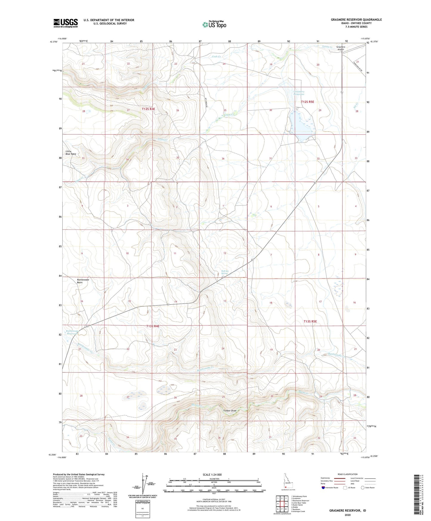 Grasmere Reservoir Idaho US Topo Map Image