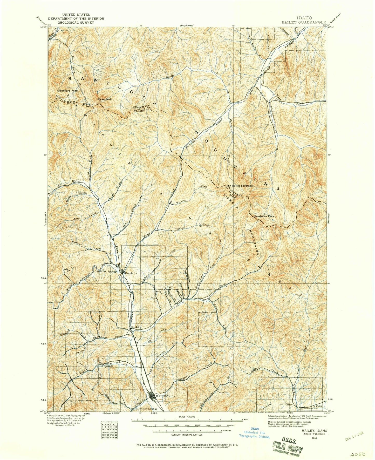 Historic 1895 Hailey Idaho 30'x30' Topo Map Image