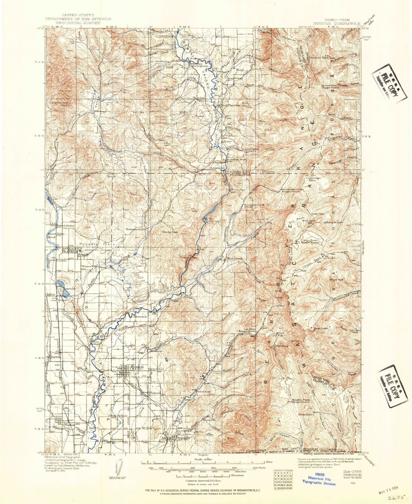 Historic 1915 Preston Idaho 30'x30' Topo Map Image