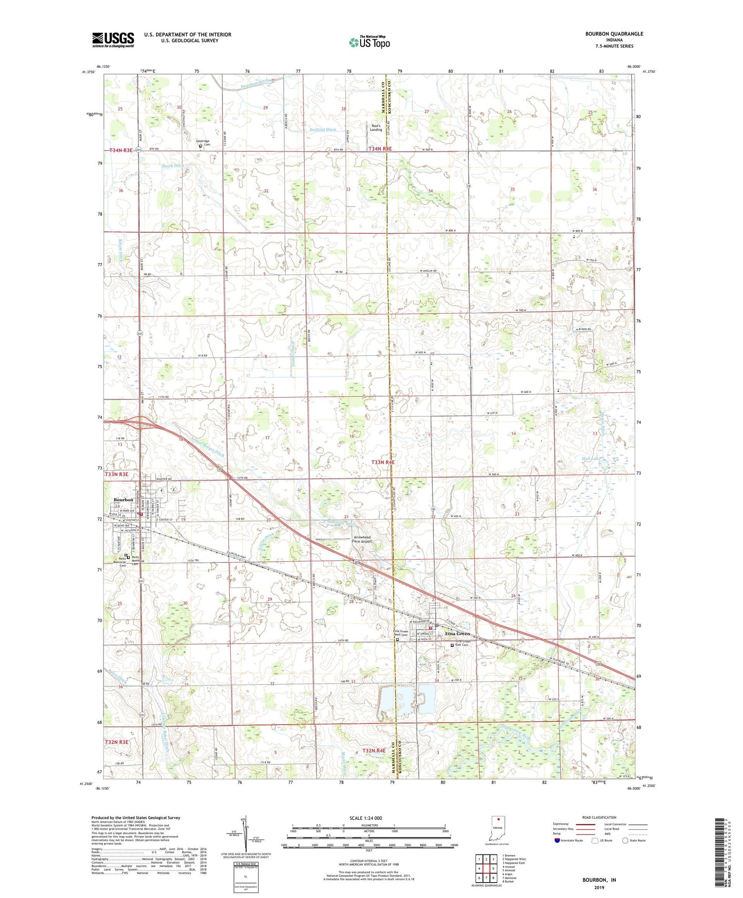 Bourbon Indiana US Topo Map Image