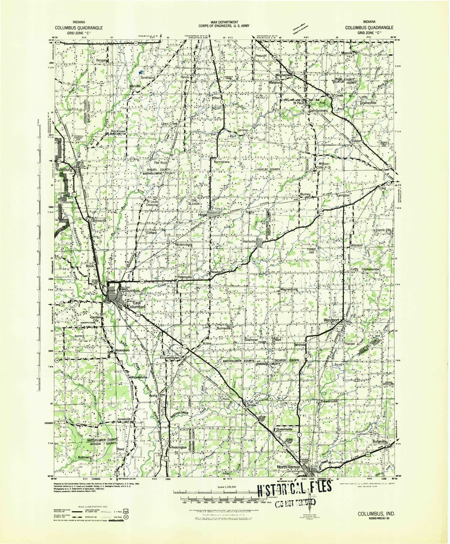 Historic 1942 Columbus Indiana 30'x30' Topo Map Image