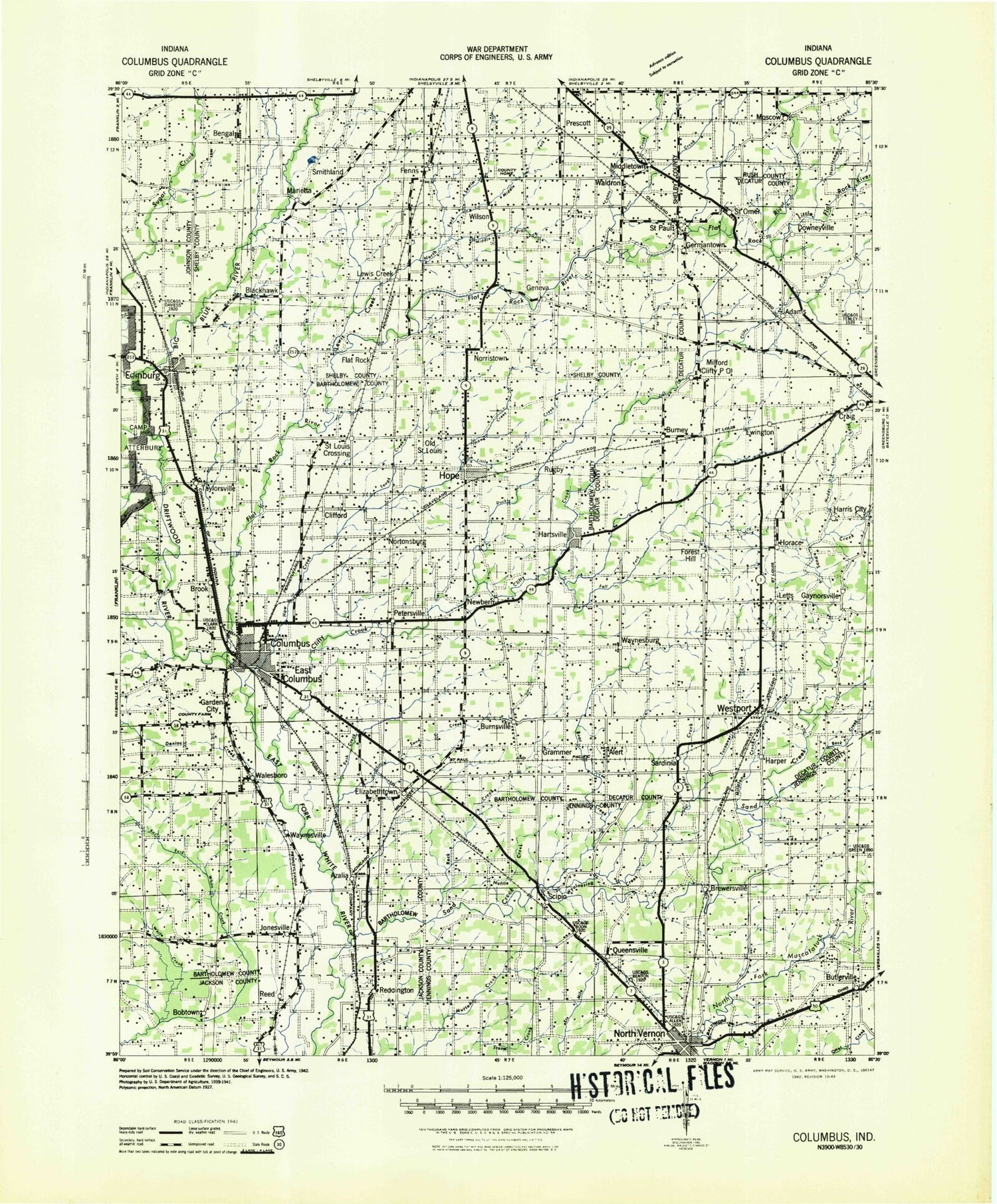Historic 1942 Columbus Indiana 30'x30' Topo Map Image