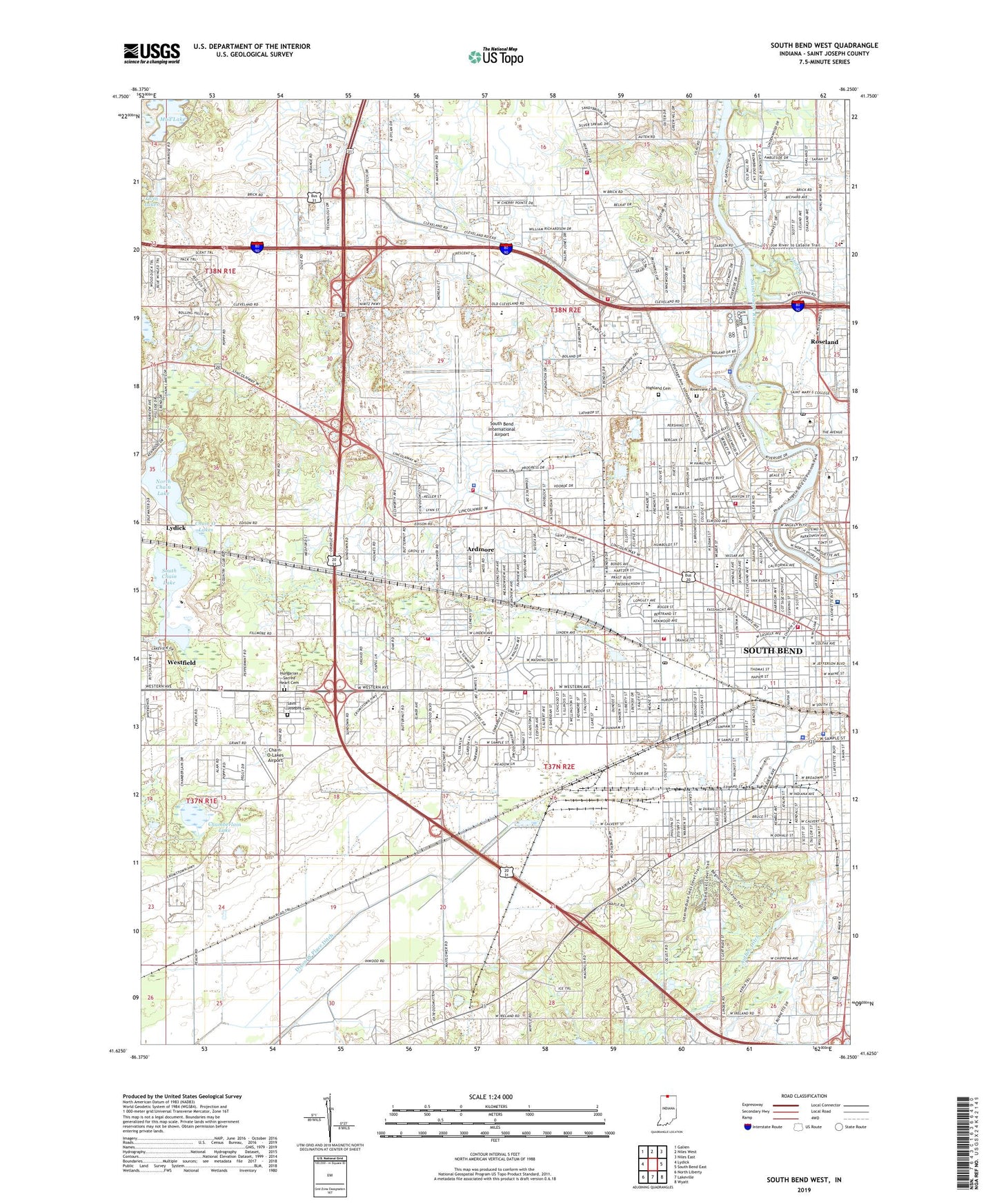 South Bend West Indiana US Topo Map Image