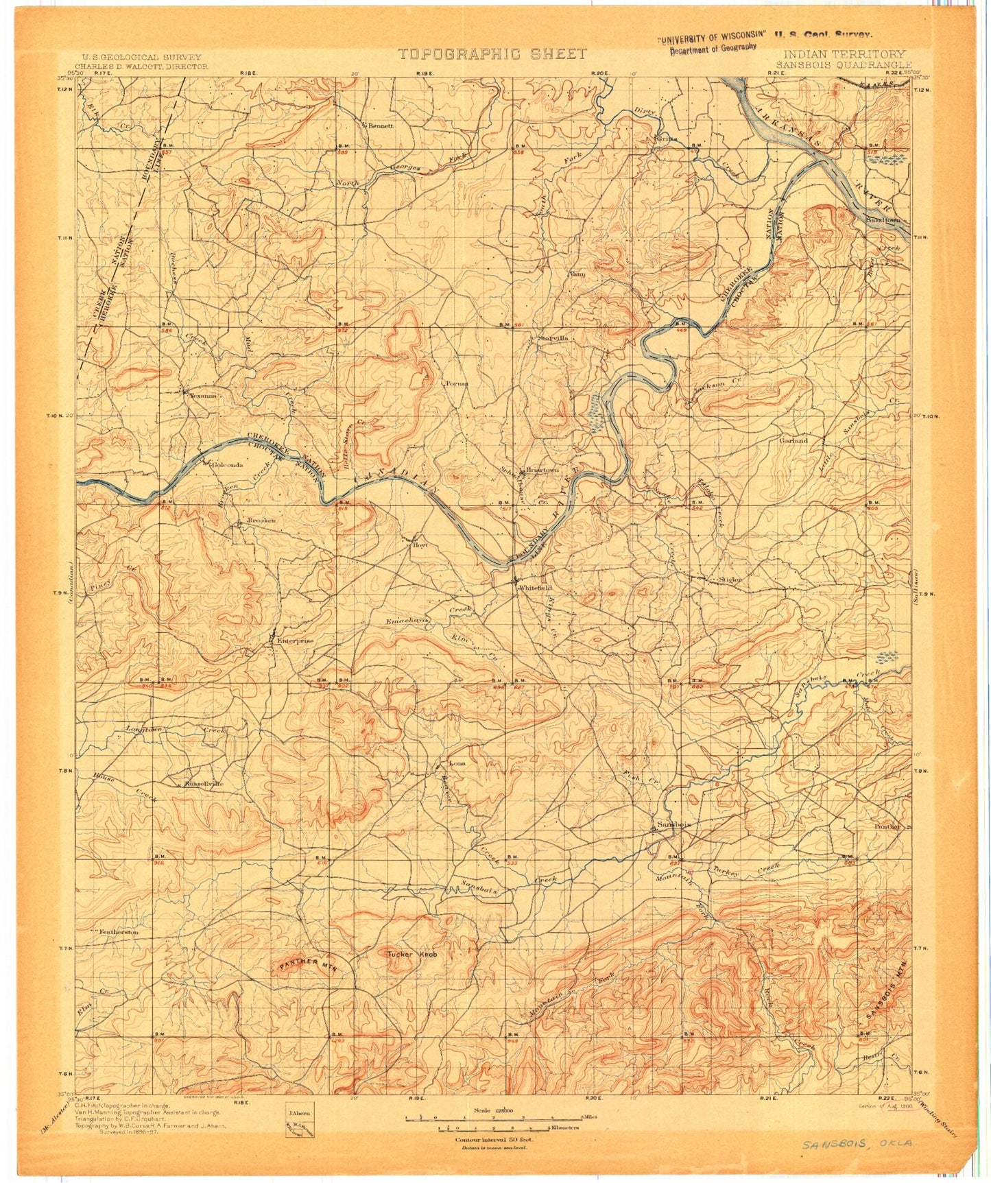 Historic 1900 San Bois Oklahoma 30'x30' Topo Map Image
