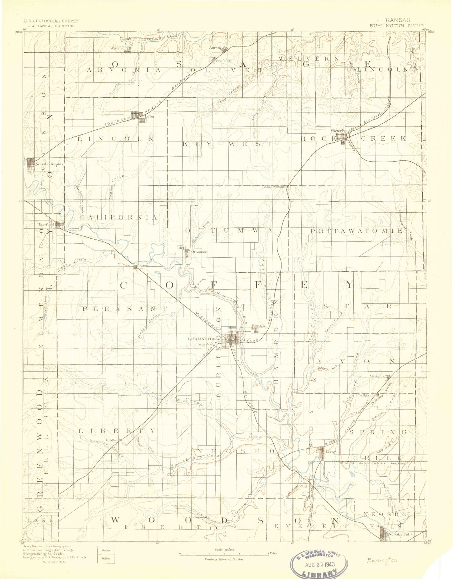 Historic 1885 Burlington Kansas 30'x30' Topo Map Image