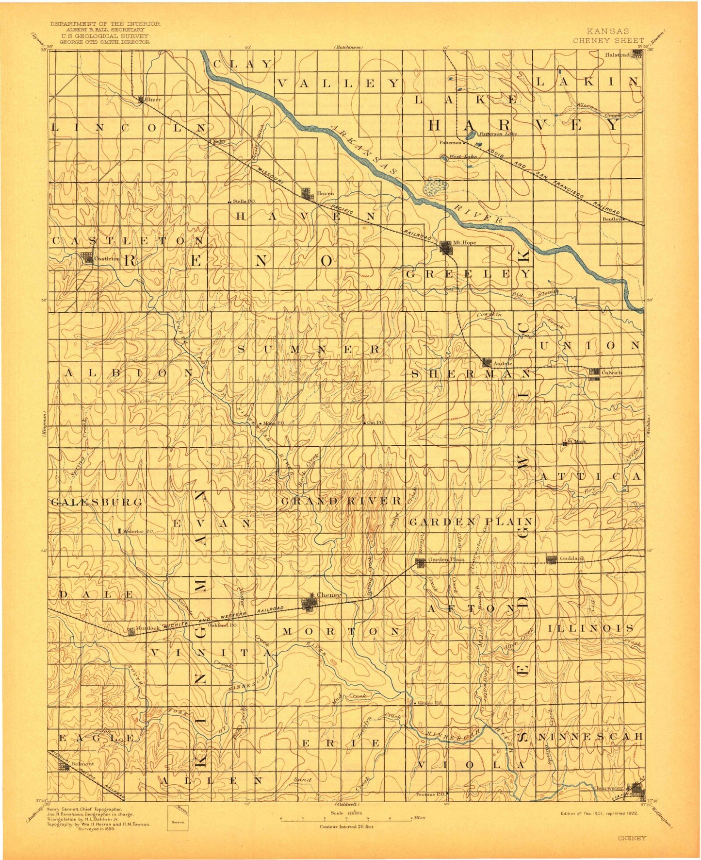 Historic 1901 Cheney Kansas 30'x30' Topo Map Image