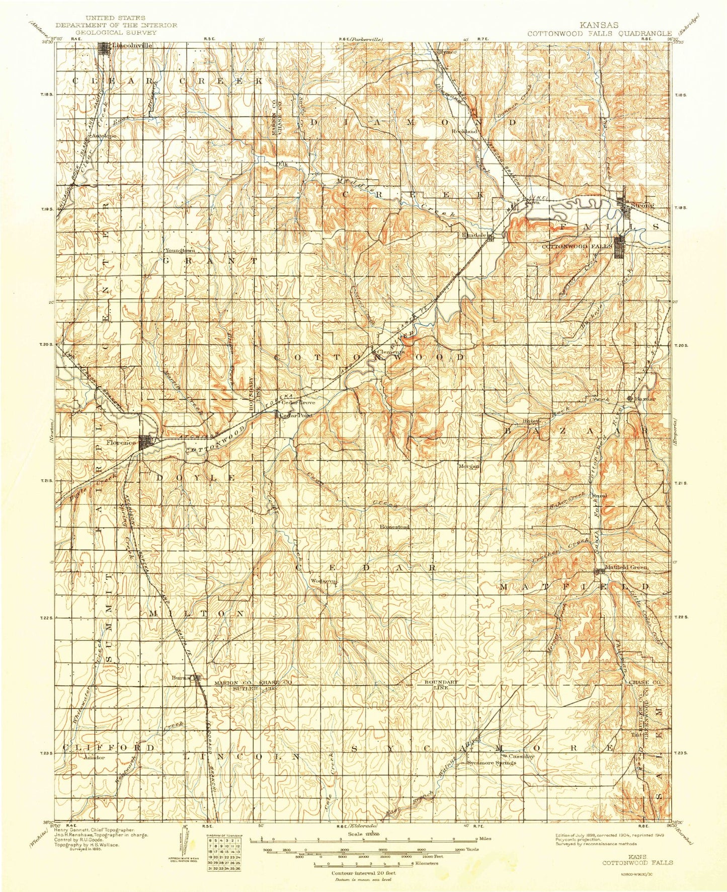 Historic 1898 Cottonwood Falls Kansas 30'x30' Topo Map Image