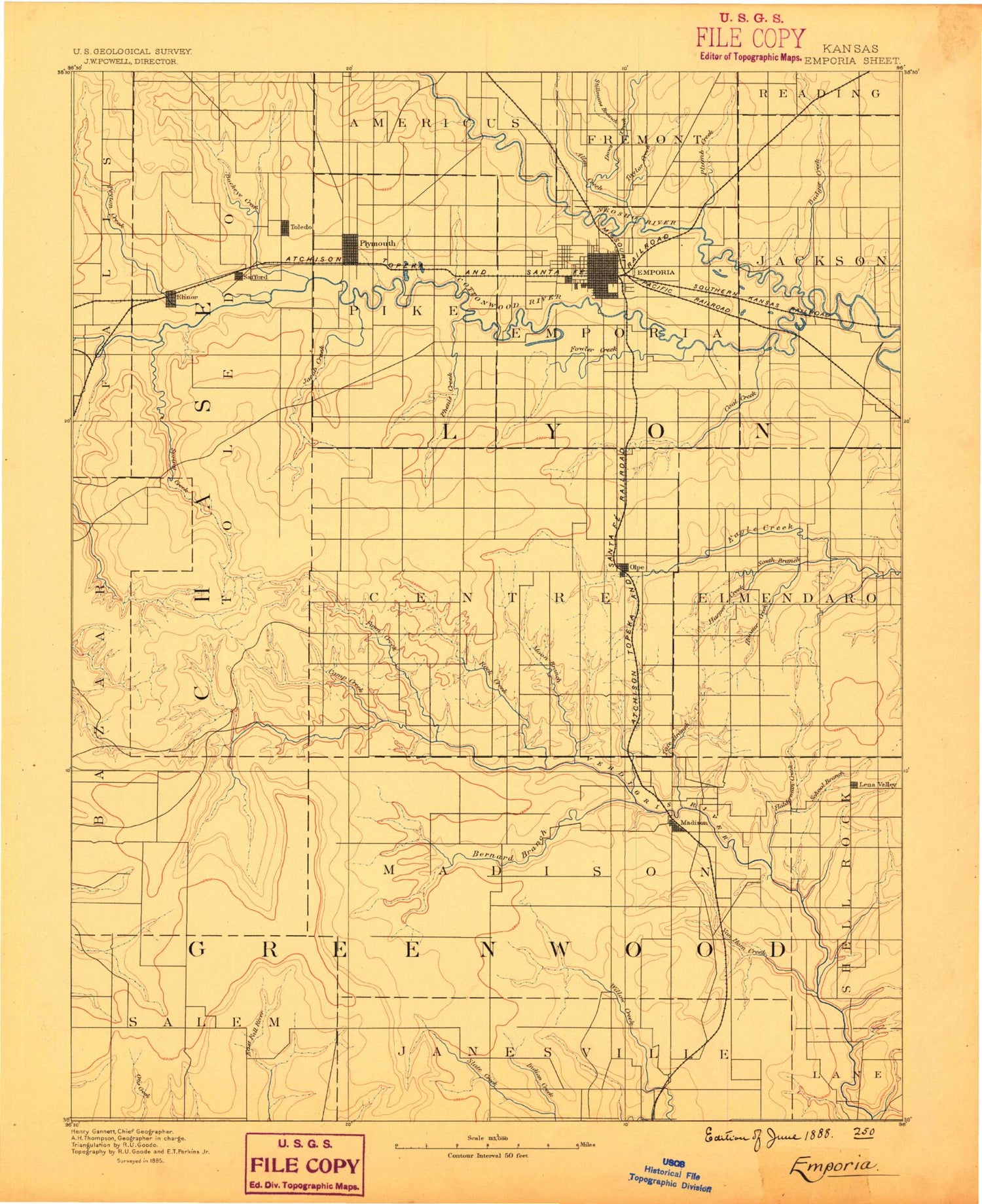 Historic 1888 Emporia Kansas 30'x30' Topo Map Image