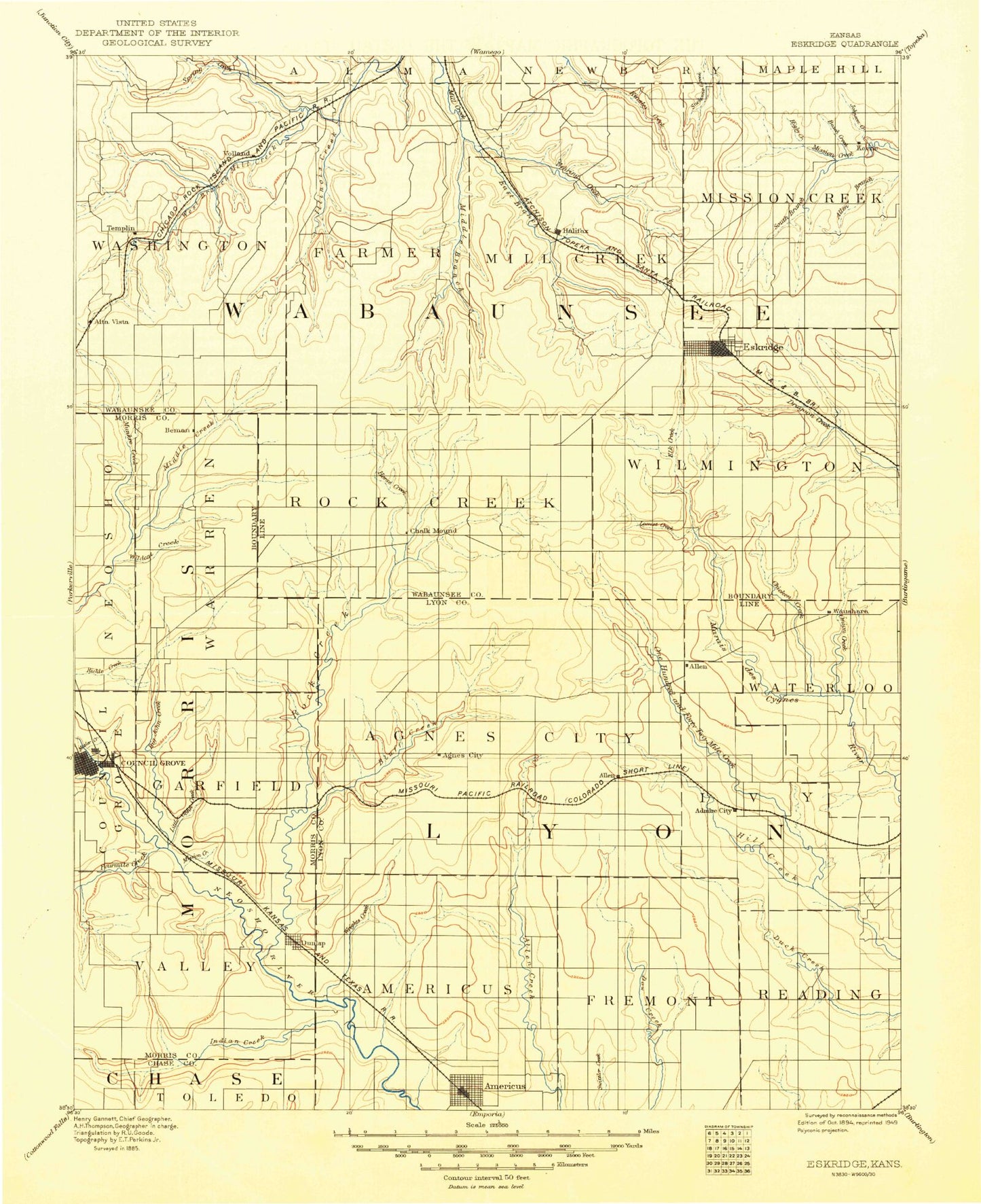 Historic 1894 Eskridge Kansas 30'x30' Topo Map Image