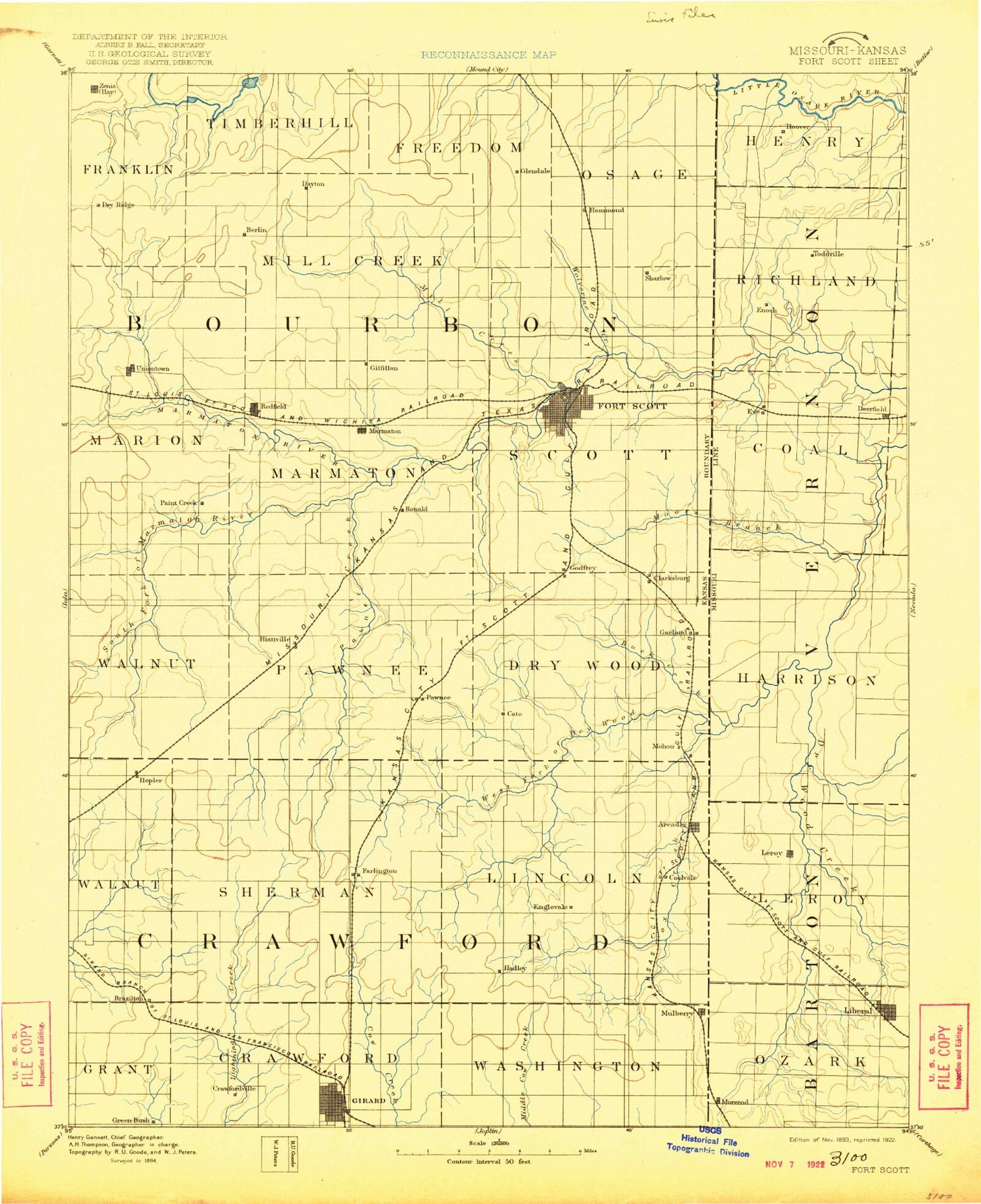 Historic 1893 Fort Scott Kansas 30'x30' Topo Map Image