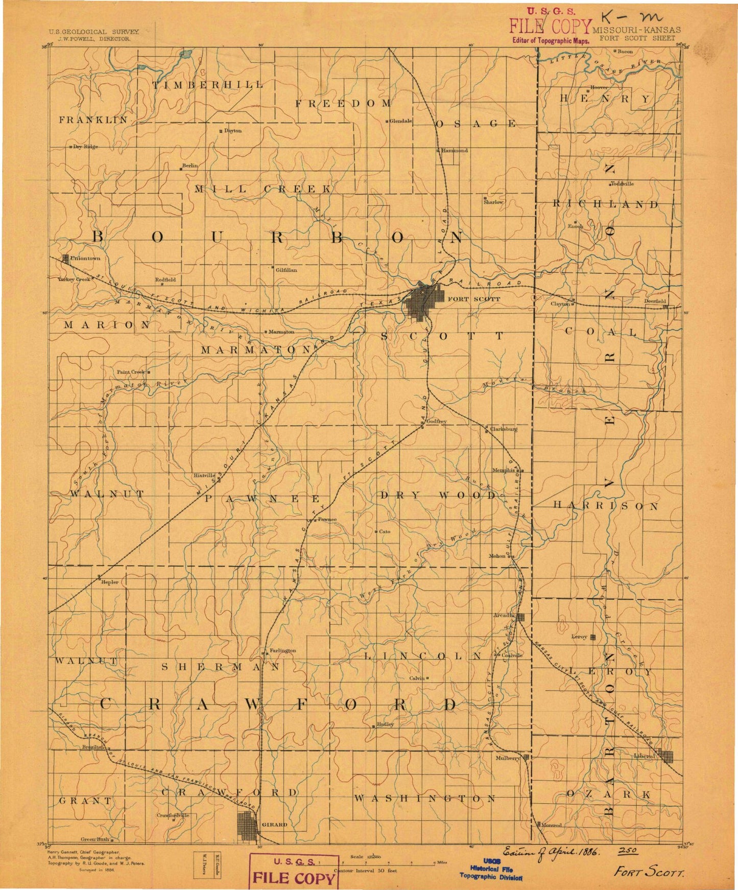 Historic 1886 Fort Scott Kansas 30'x30' Topo Map Image