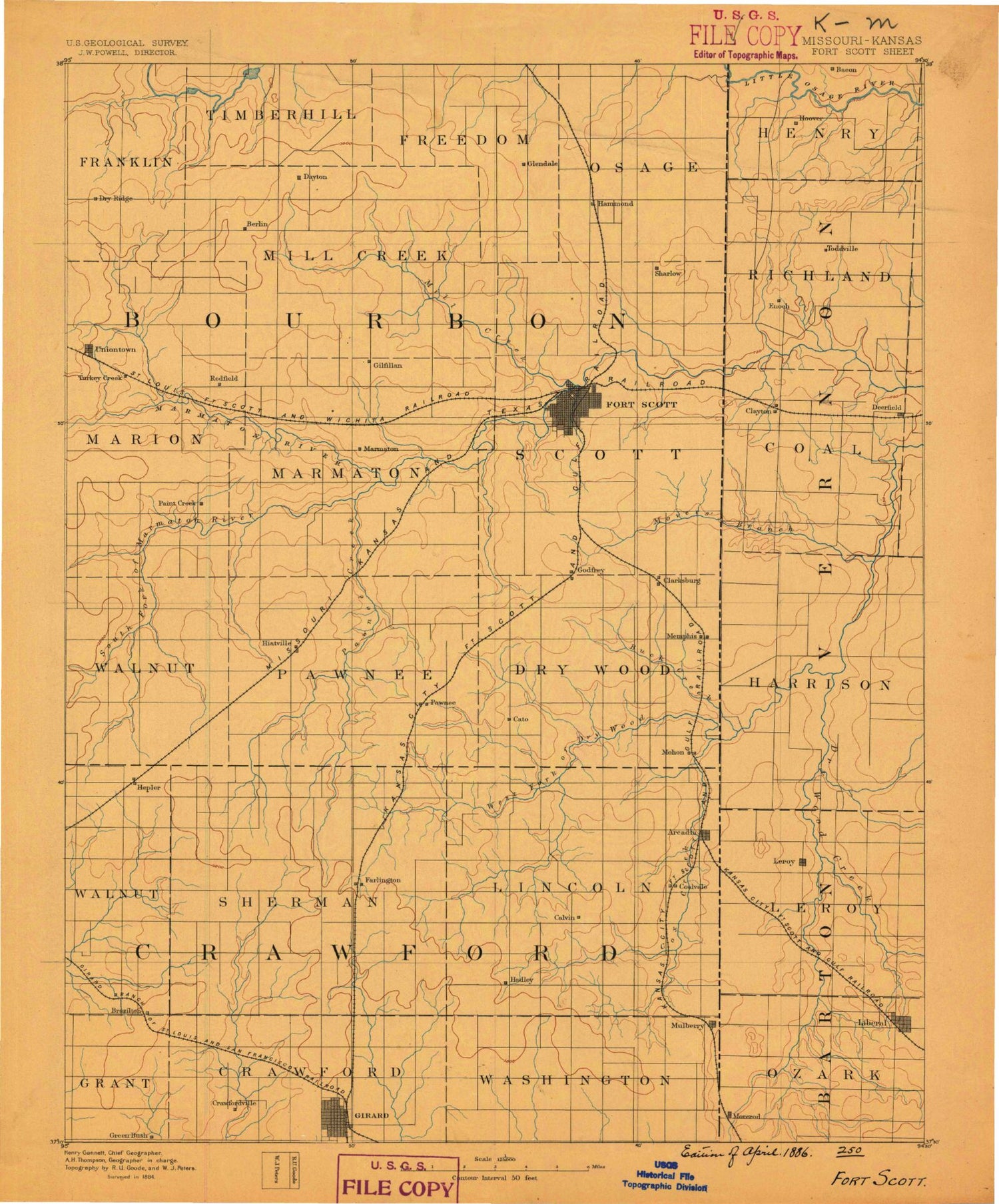 Historic 1886 Fort Scott Kansas 30'x30' Topo Map Image
