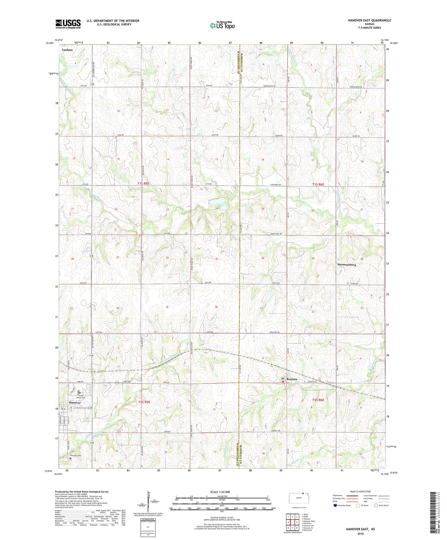 Hanover East Kansas US Topo Map Image